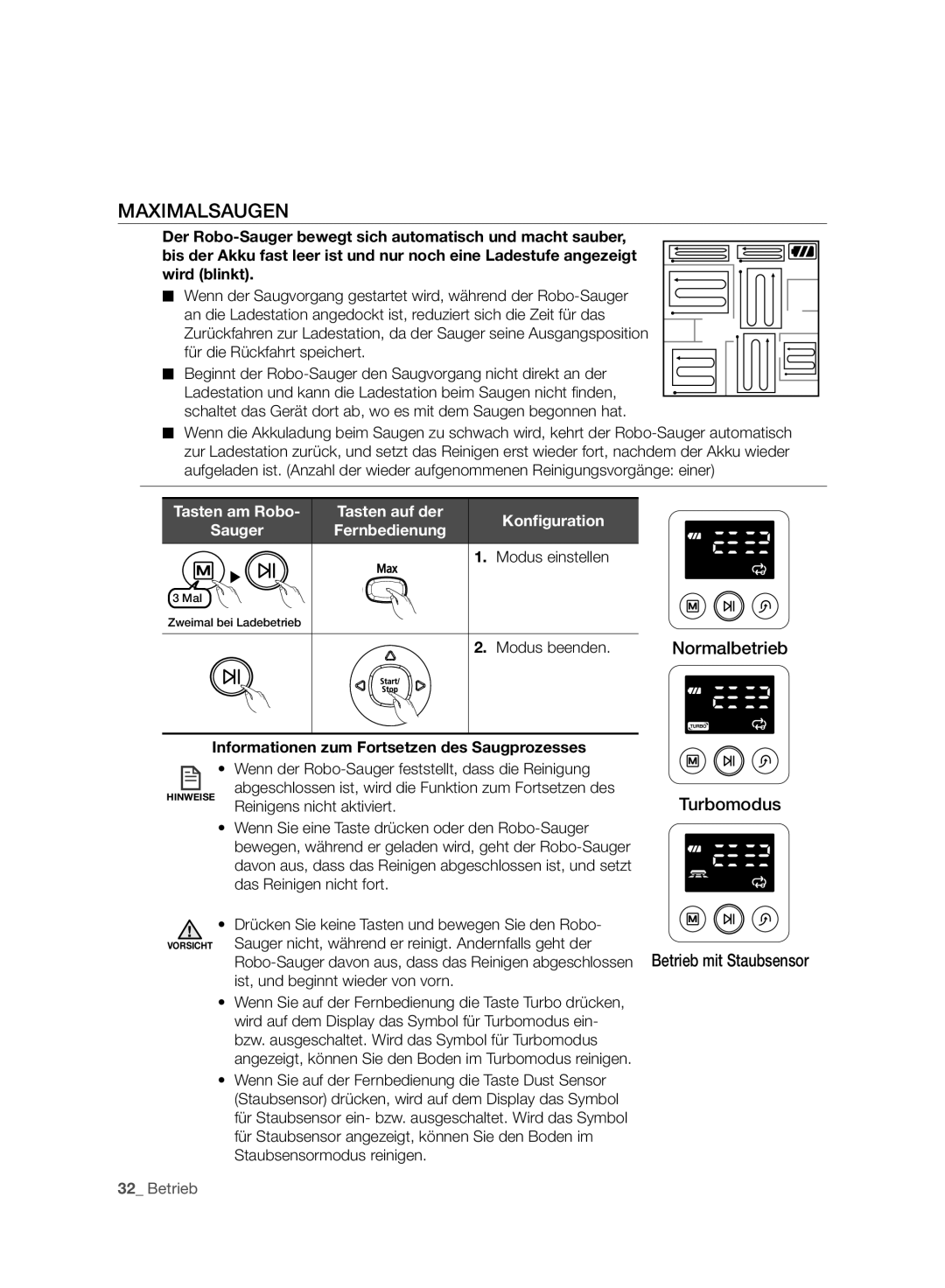 Samsung VCR8987L3R/SWS, VCR8988L3K/SWS manual Maximalsaugen, Modus einstellen, Modus beenden 