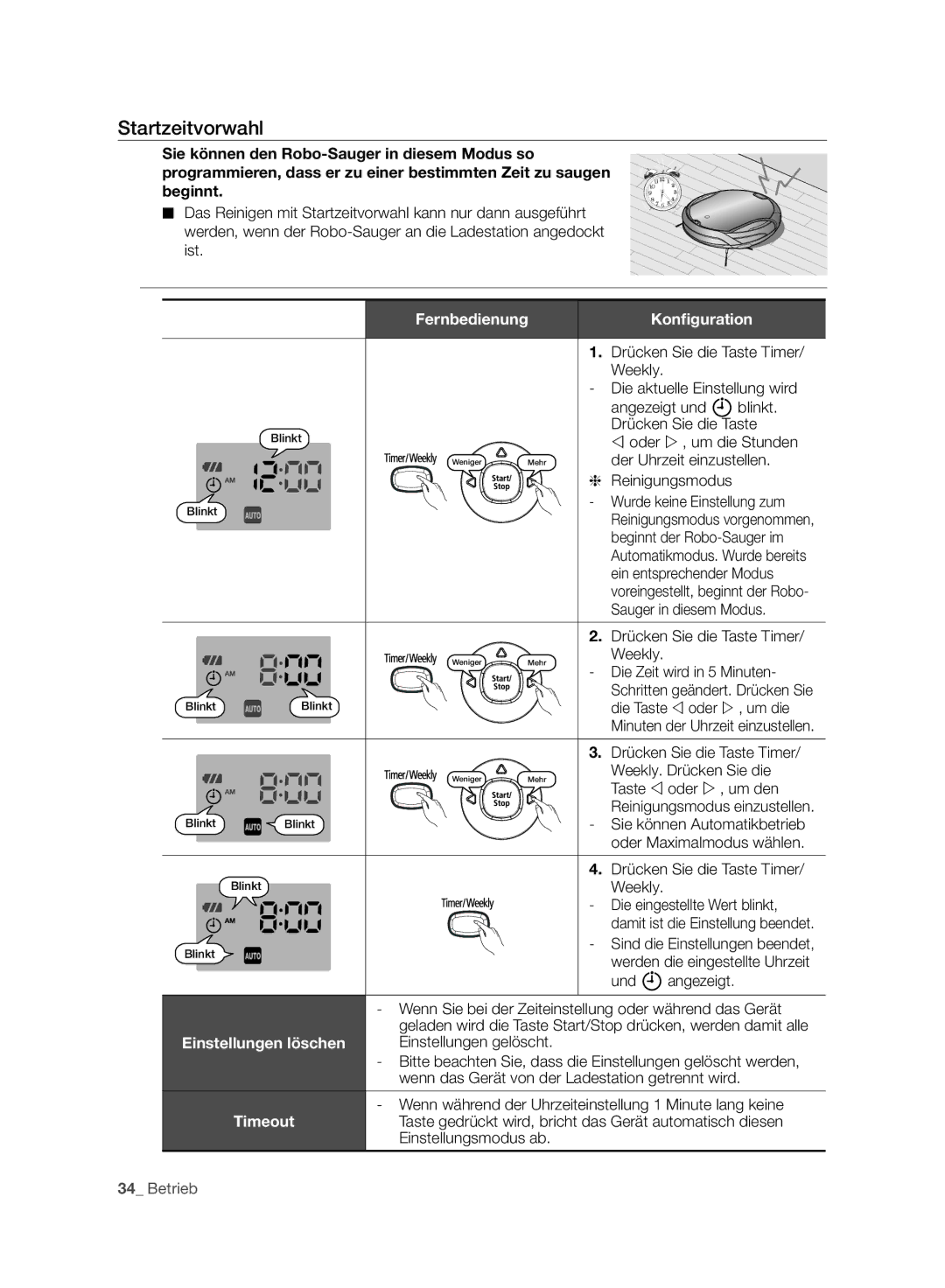 Samsung VCR8987L3R/SWS, VCR8988L3K/SWS manual Startzeitvorwahl, Fernbedienung, Einstellungen löschen, Timeout 