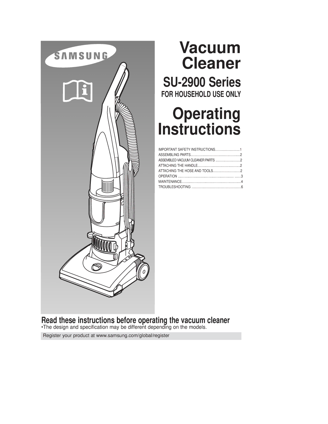 Samsung VCU2911S4R/XEU, VCU2930S4B/XEU, VCU2920S4B/XSA, VCU2911S3R/XFA, VCU2911S4B/XEU, VCU2911S4R/ADH manual Vacuum Cleaner 