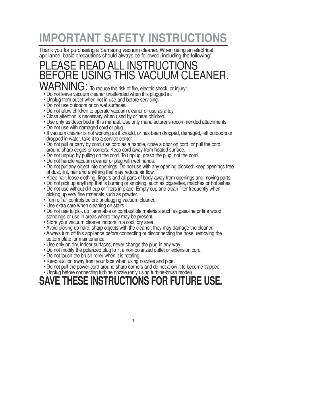 Samsung VCU2920S4B/XSA, VCU2930S4B/XEU, VCU2911S4R/XEU, VCU2911S3R/XFA, VCU2911S4B/XEU manual Important Safety Instructions 