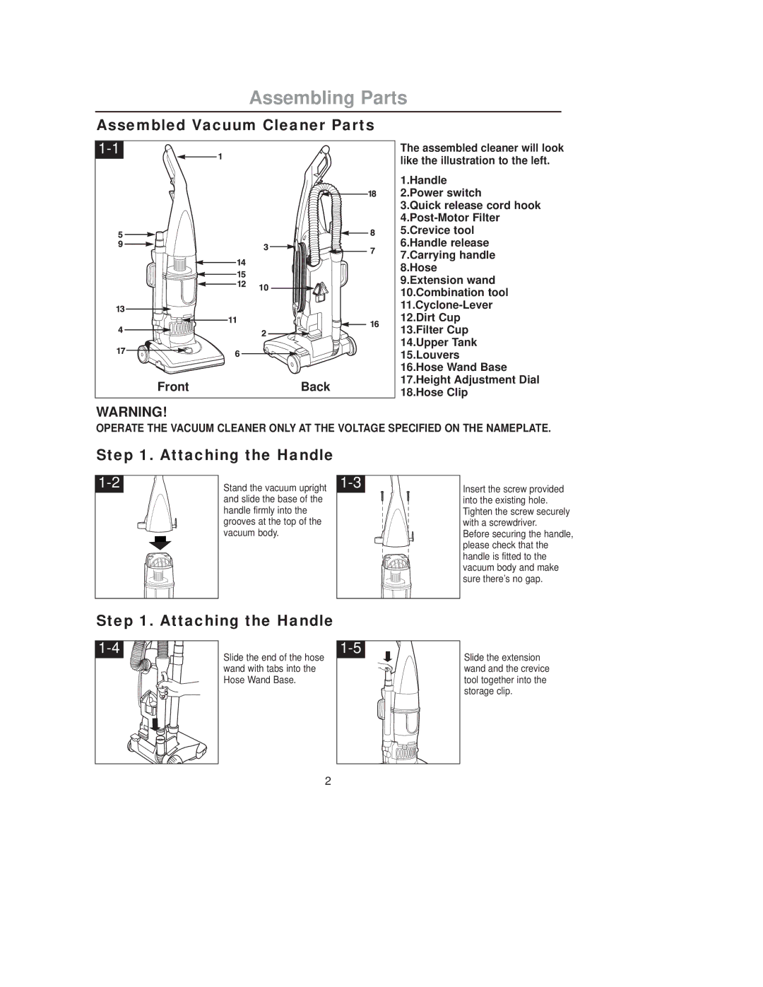 Samsung VCU2911S3R/XFA, VCU2930S4B/XEU Assembling Parts, Assembled Vacuum Cleaner Parts, Attaching the Handle, Front Back 