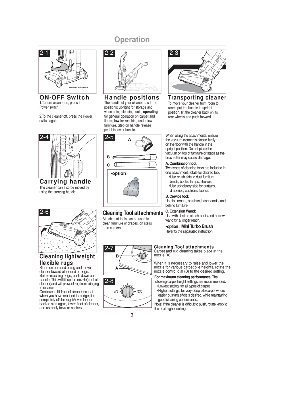 Samsung VCU2911S4B/XEU, VCU2930S4B/XEU manual Operation, ON-OFF Switch Handle positions, Carrying handle, Flexible rugs 