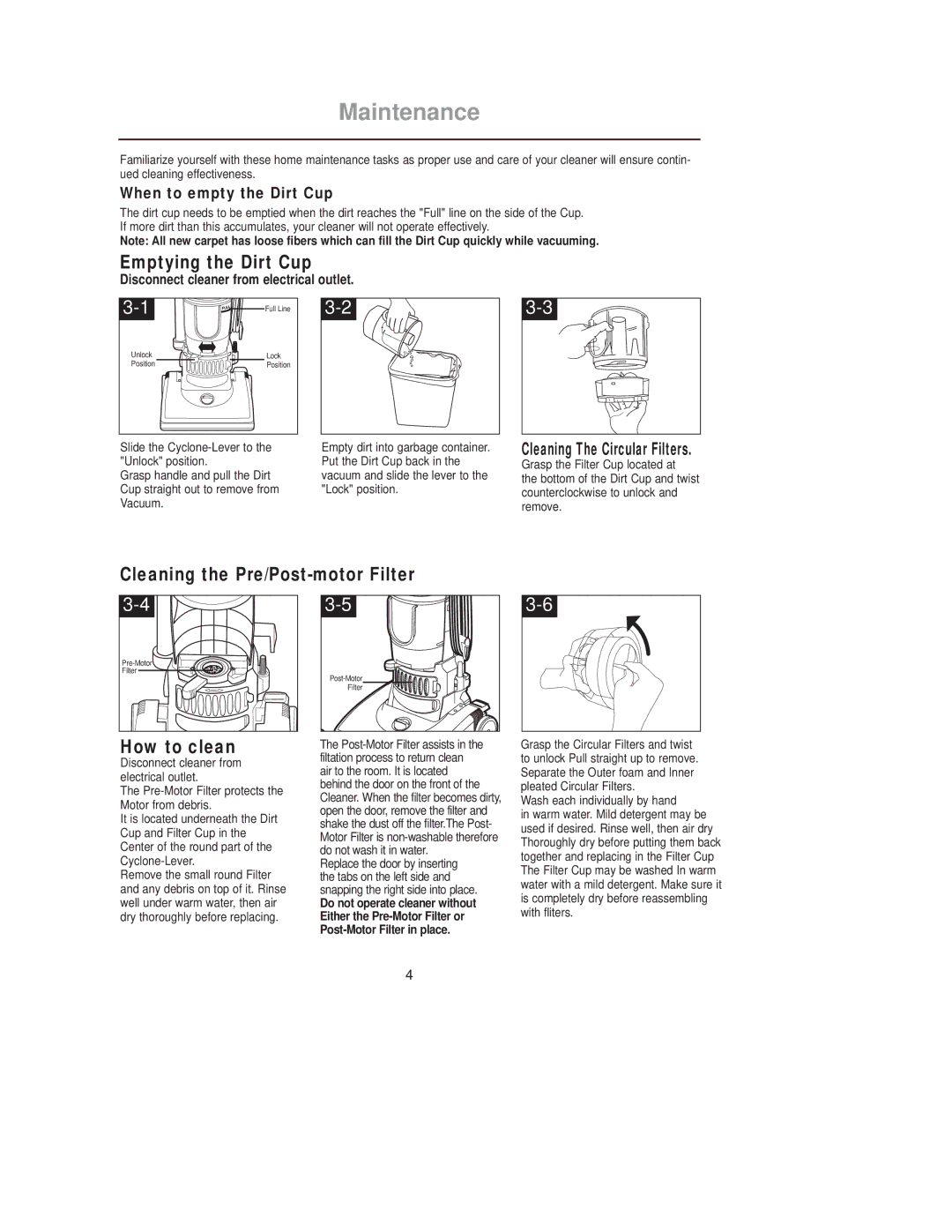 Samsung VCU2911S4R/ADH manual Maintenance, Emptying the Dirt Cup, Cleaning the Pre/Post-motor Filter, How to clean 