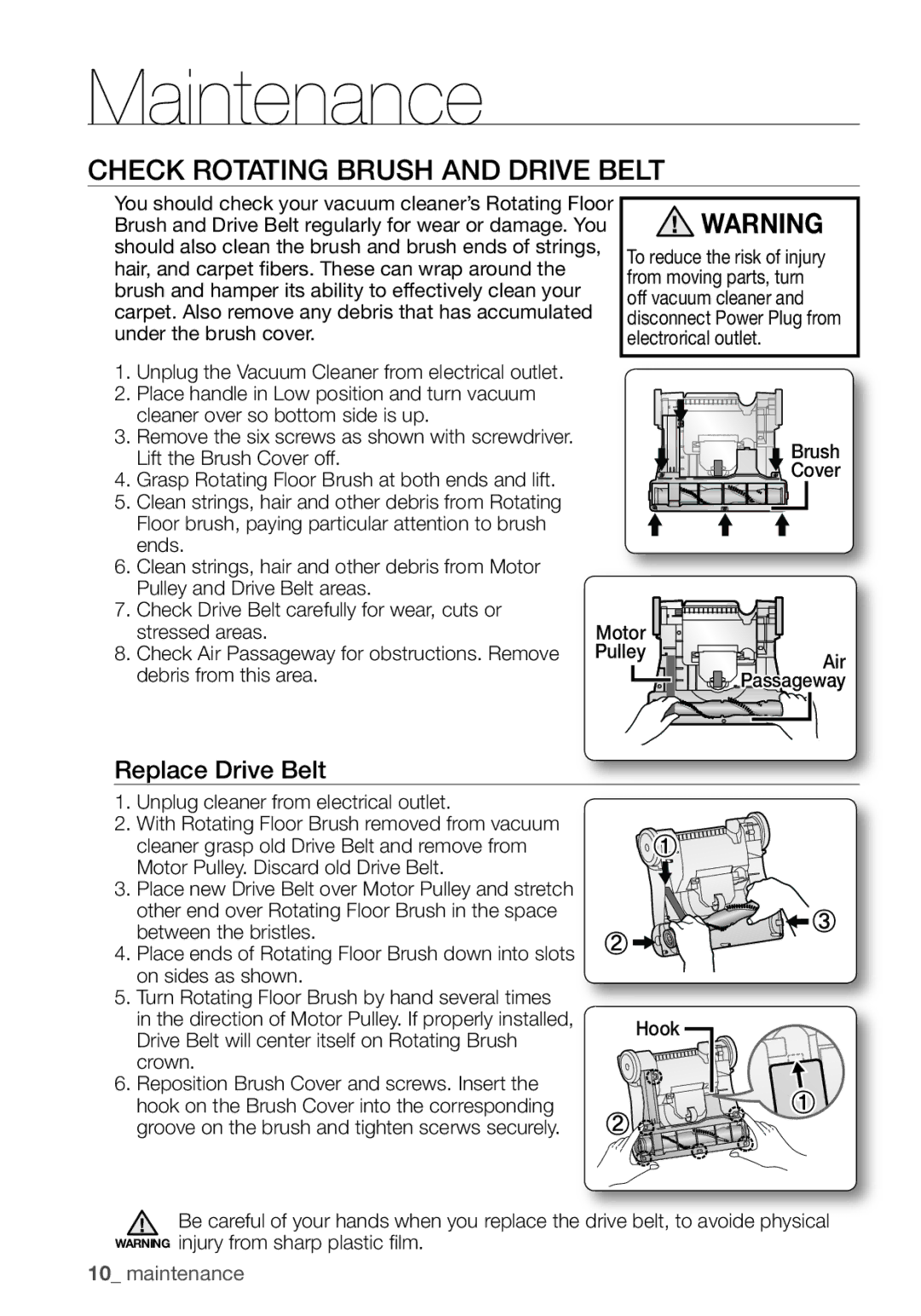 Samsung VCU3360S31/SML manual CHEcK Rotating Brush ANd dRIVE Belt, Brush Cover Motor Pulley Air, Hook 