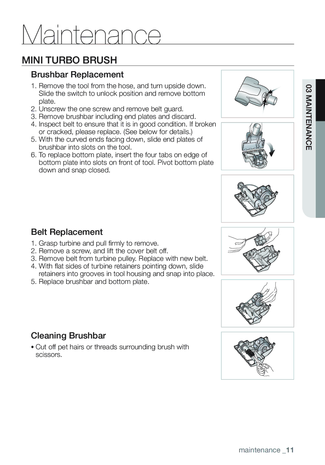 Samsung VCU3360S31/SML manual Mini Turbo Brush, Replace brushbar and bottom plate 