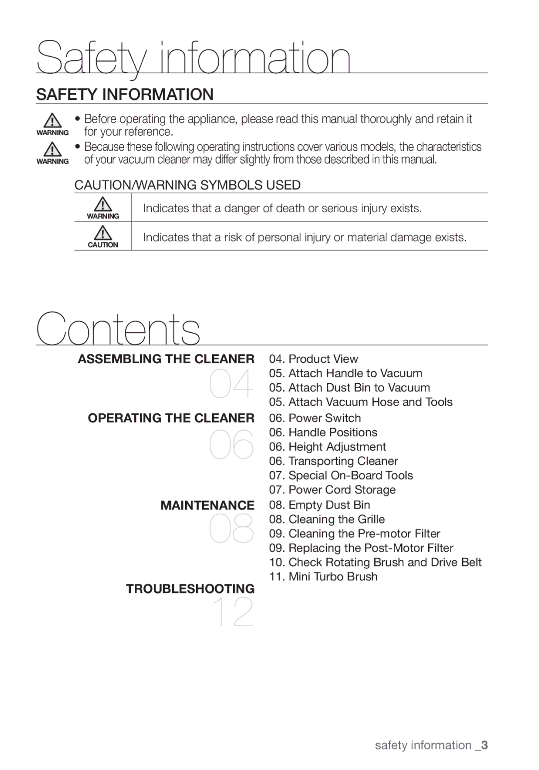 Samsung VCU3360S31/SML manual Contents 