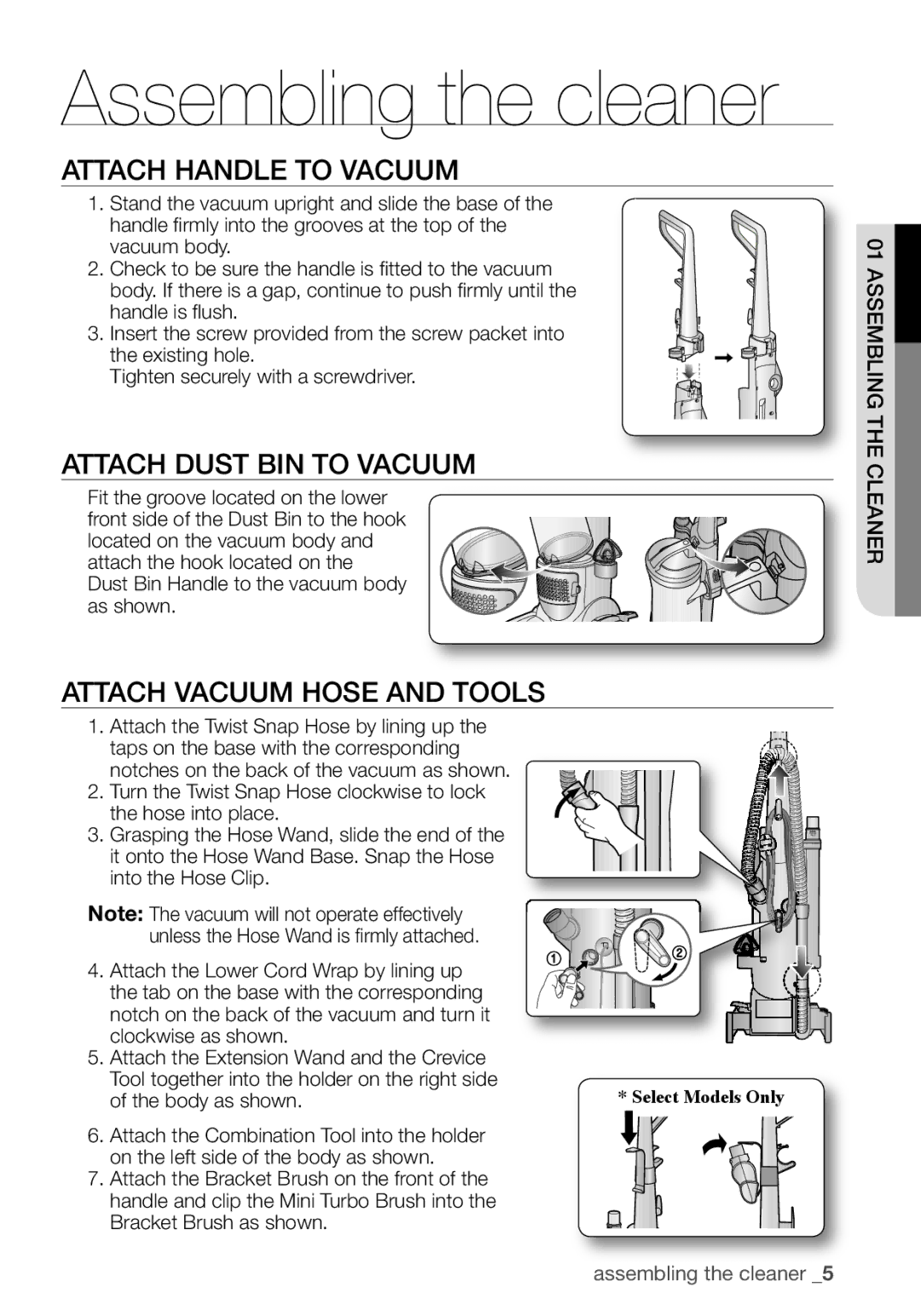 Samsung VCU3360S31/SML manual ATTAcH HANdLE to VAcUUM, ATTAcH dUST BIN to VAcUUM, ATTAcH VAcUUM Hose ANd Tools 