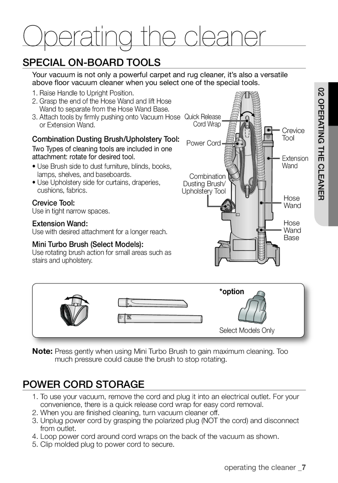 Samsung VCU3360S31/SML manual SpEcIAL ON-BOARd Tools, POwER cORd Storage 