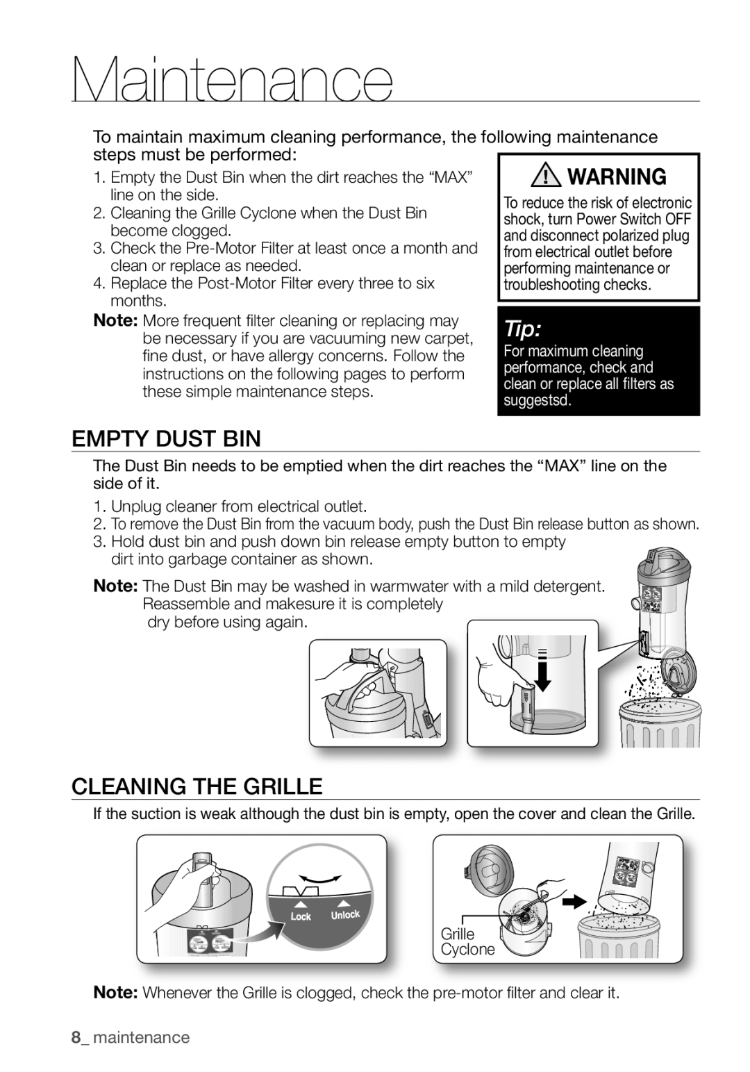 Samsung VCU3360S31/SML manual Maintenance, EMpTY dUST BIN, CLEANING the Grille 