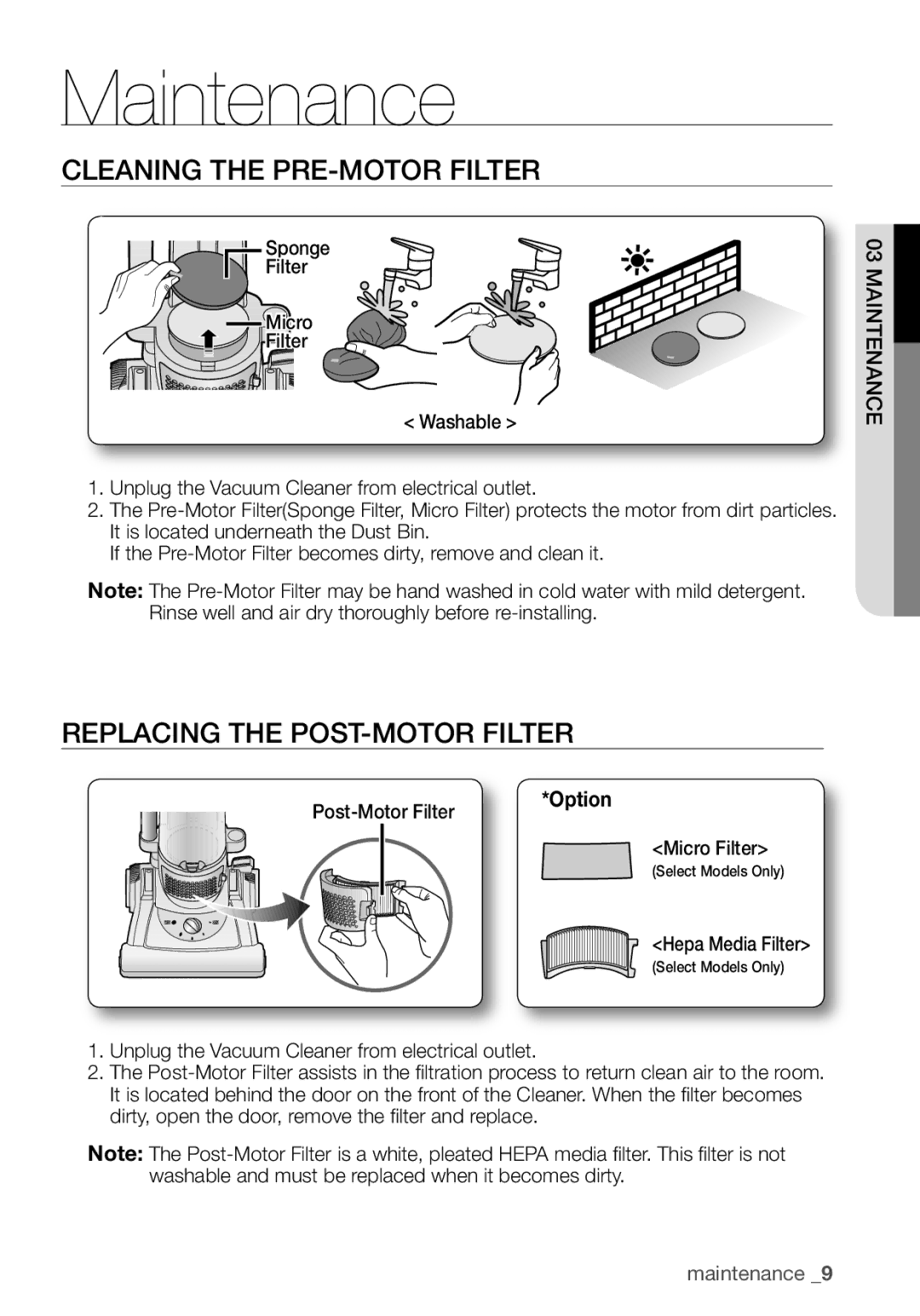 Samsung VCU3360S31/SML CLEANING the pRE-MOTOR Filter, REpLAcING the pOST-MOTOR Filter, Post-Motor Filter, Micro Filter 