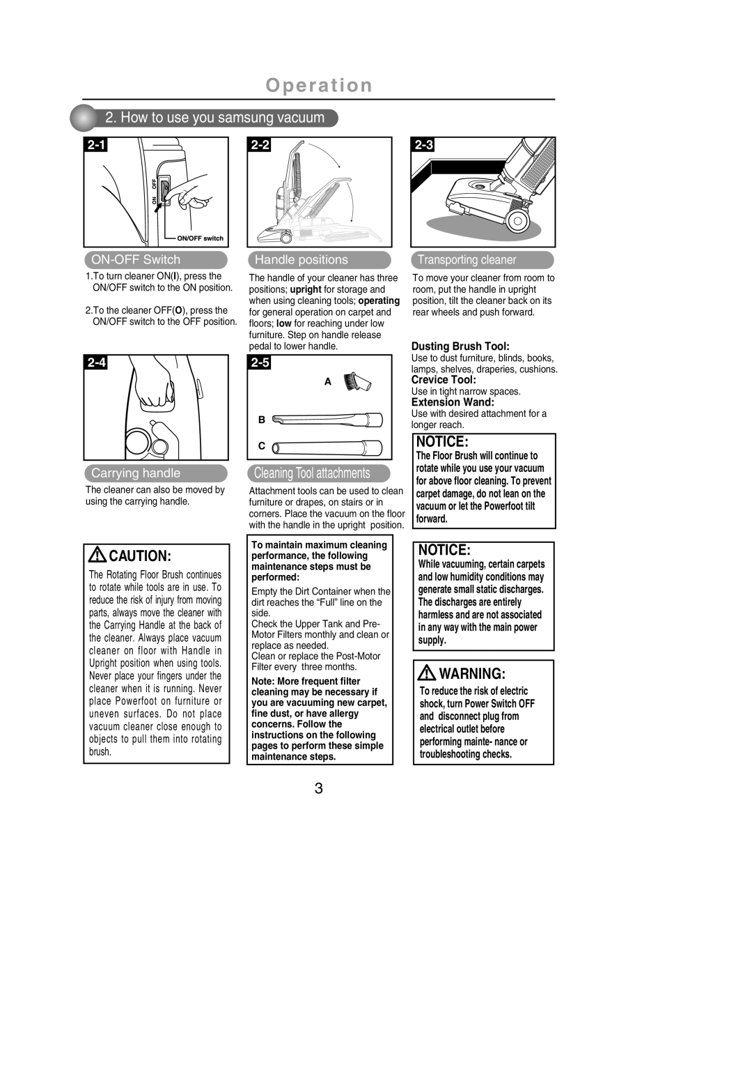 Samsung VCU364S13R/XFA manual Operation, How to use you samsung vacuum, ON-OFF Switch Handle positions, Carrying handle 