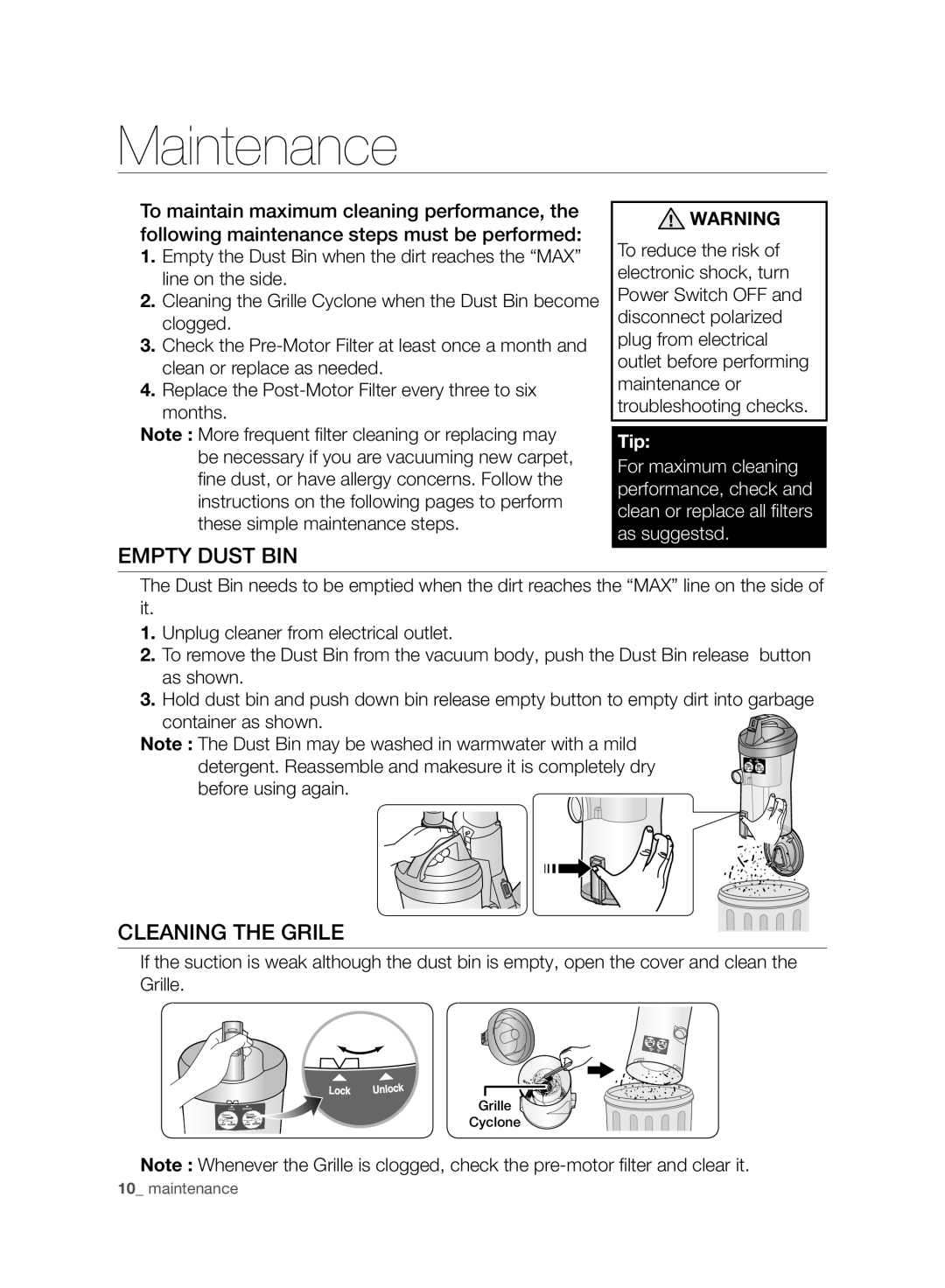 Samsung VCU4060S4K/XEU manual Maintenance, Empty Dust BIN, Cleaning the Grile 