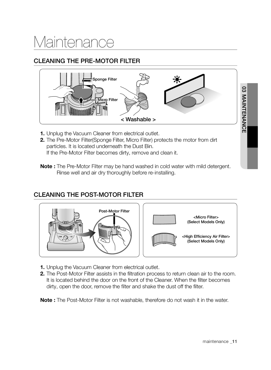 Samsung VCU4060S4K/XEU manual Cleaning the PRE-MOTOR Filter, Cleaning the POST-MOTOR Filter 