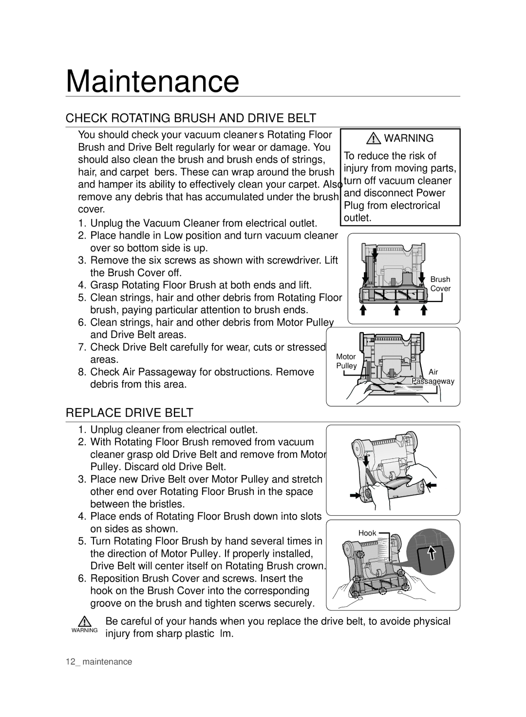 Samsung VCU4060S4K/XEU manual Check Rotating Brush and Drive Belt, Replace Drive Belt 