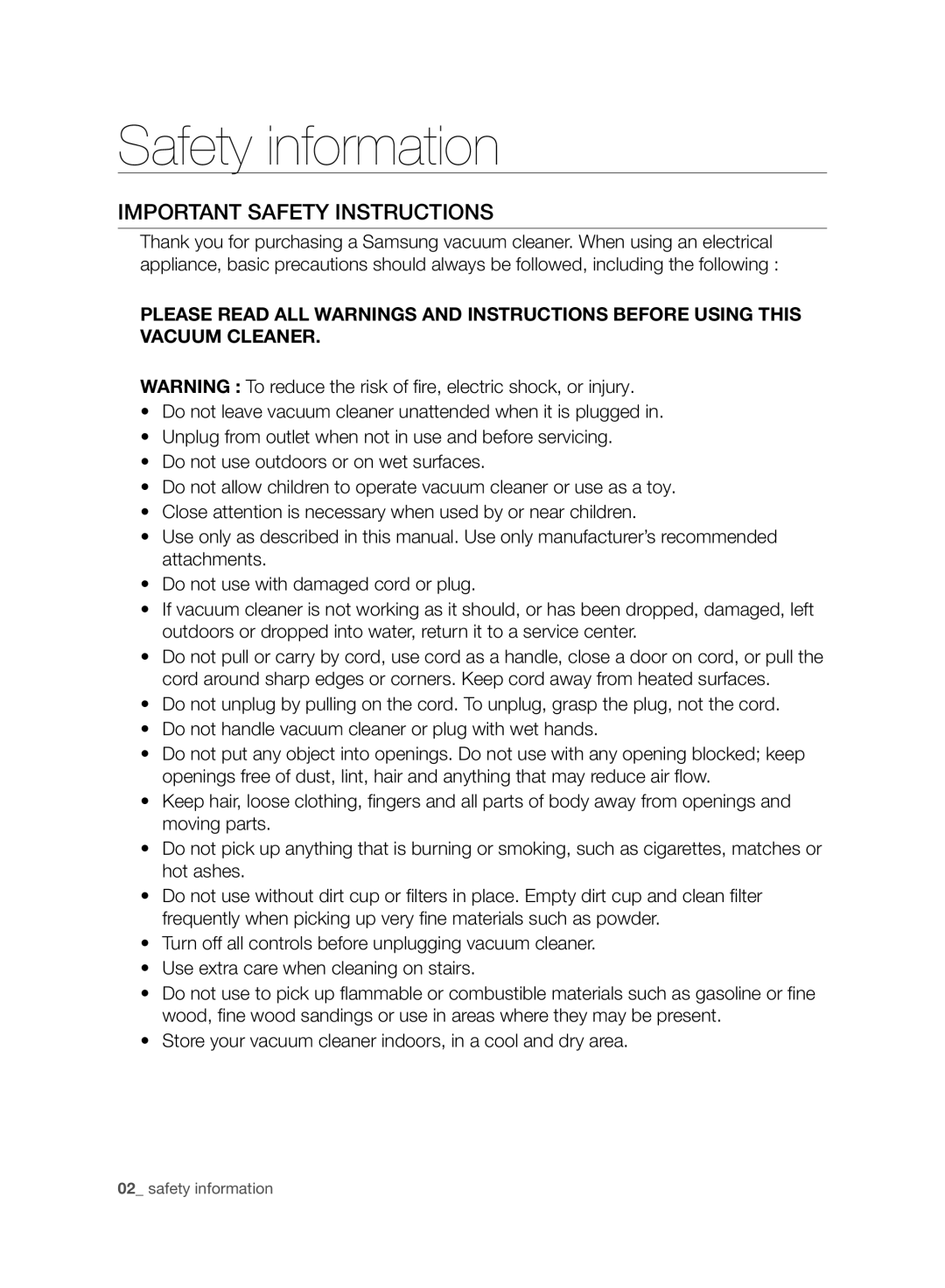 Samsung VCU4060S4K/XEU manual Safety information, Important Safety Instructions 