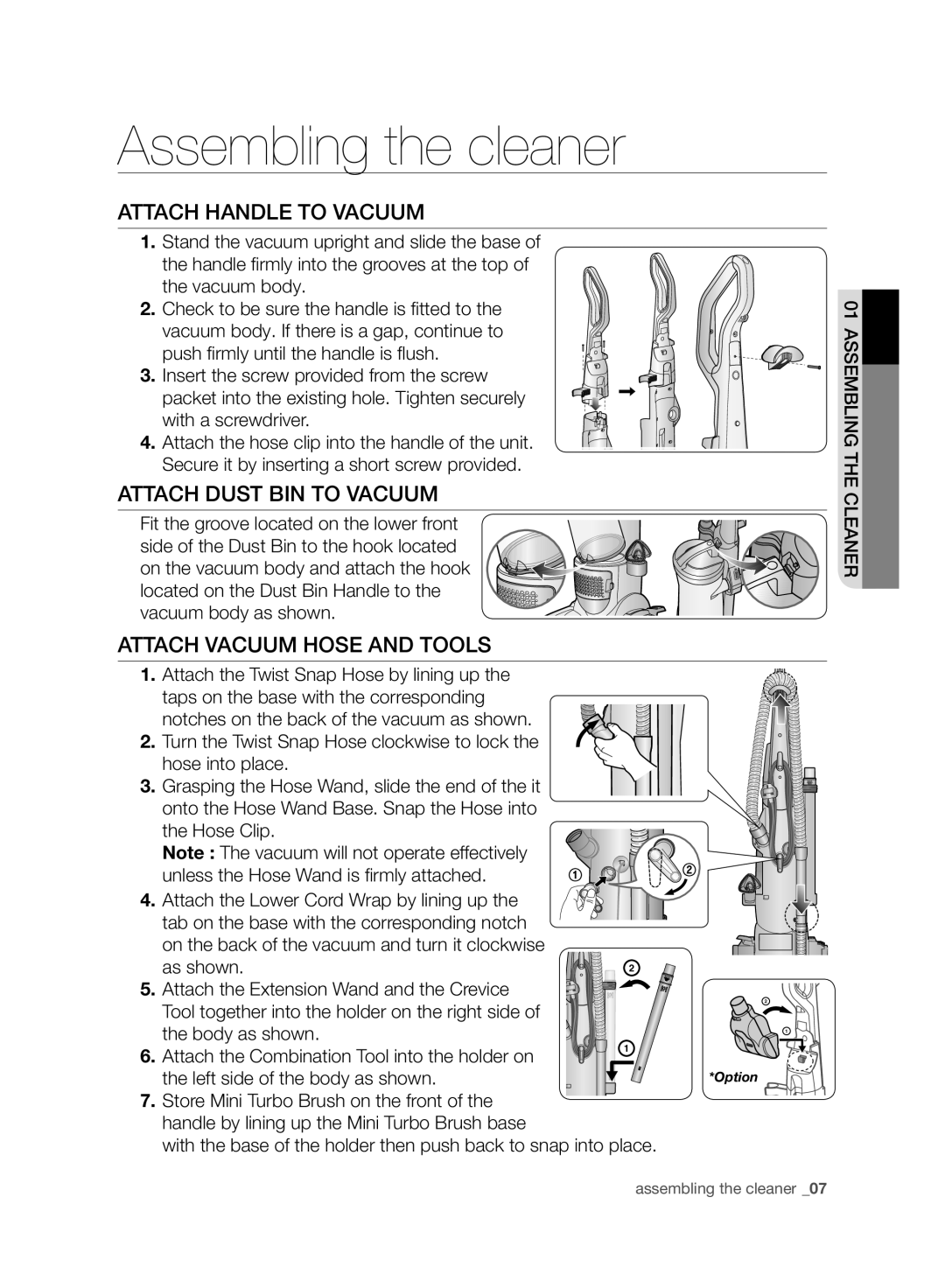 Samsung VCU4060S4K/XEU manual Assembling the cleaner, Attach Handle to Vacuum, Attach Dust BIN to Vacuum 