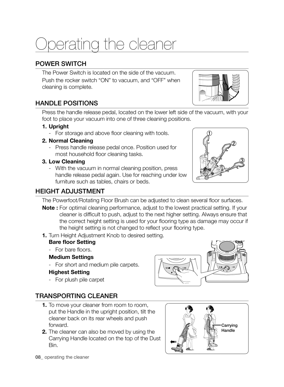 Samsung VCU4060S4K/XEU Operating the cleaner, Power Switch, Handle Positions, Height Adjustment, Transporting Cleaner 
