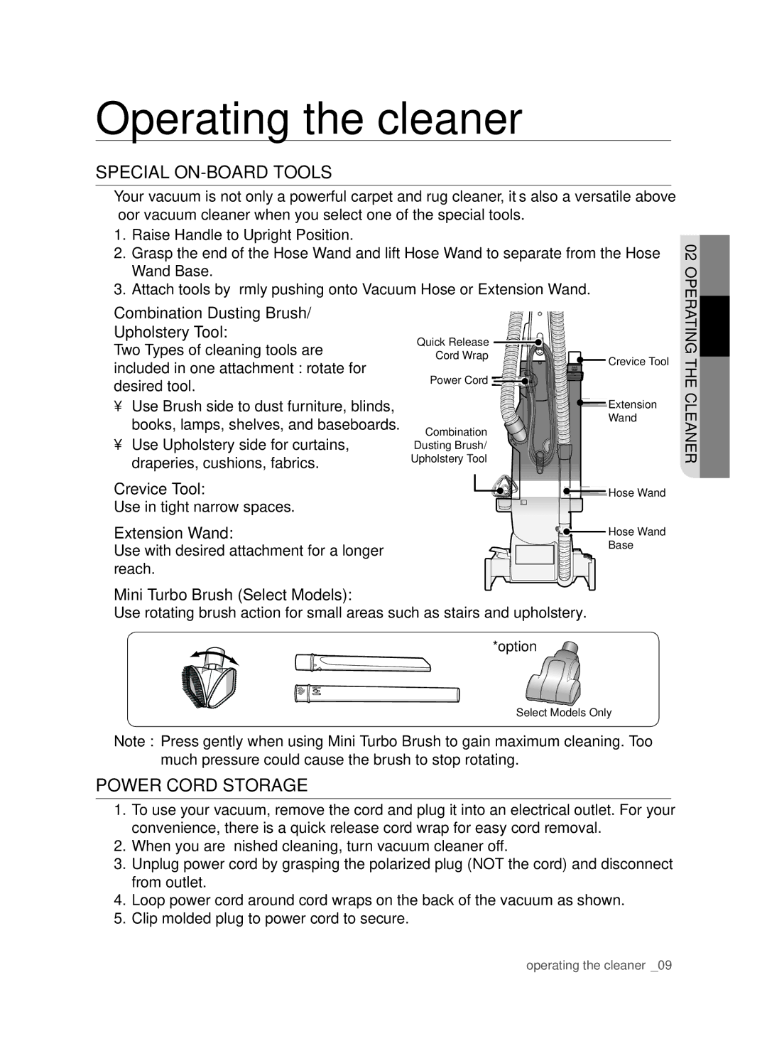 Samsung VCU4060S4K/XEU manual Special ON-BOARD Tools, Power Cord Storage 