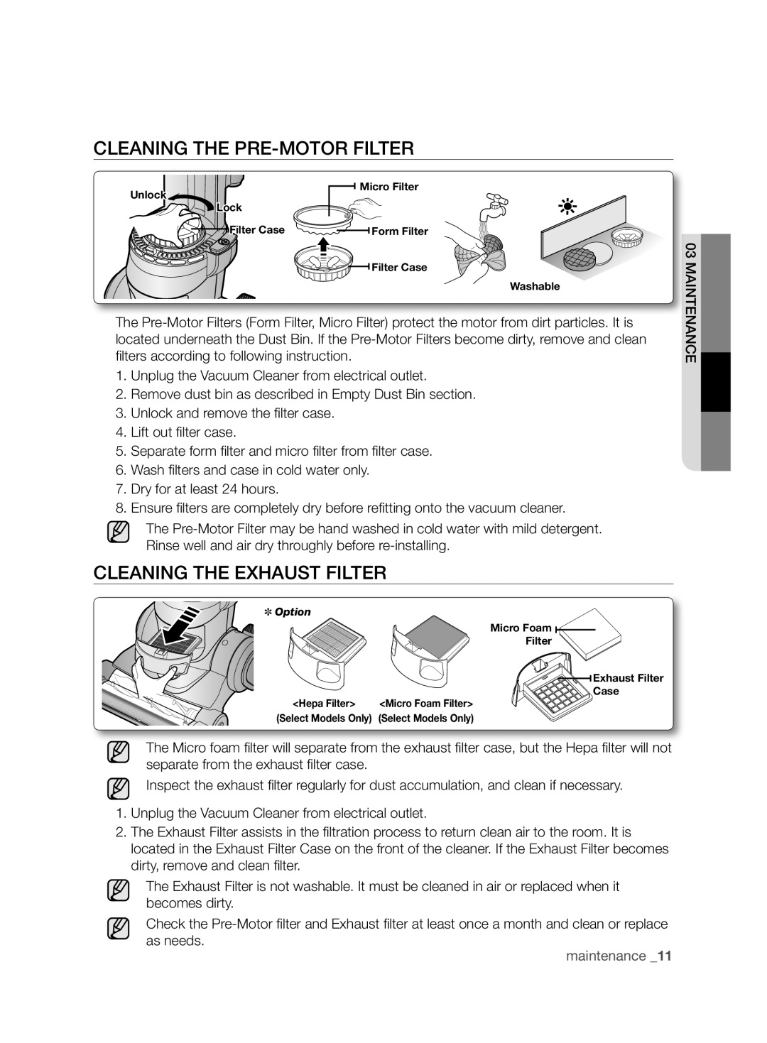 Samsung VCU6780S3A/XFA manual Cleaning the PRE-MOTOR Filter, Cleaning the Exhaust Filter 