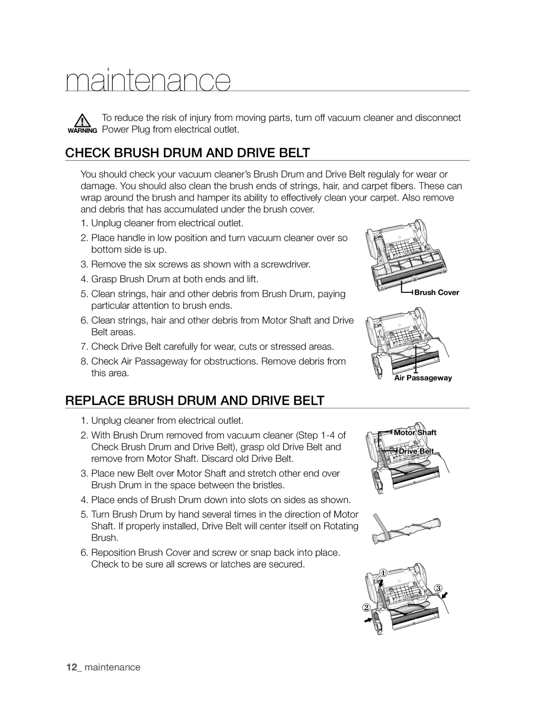 Samsung VCU6780S3A/XFA manual Check Brush Drum and Drive Belt, Replace Brush Drum and Drive Belt 