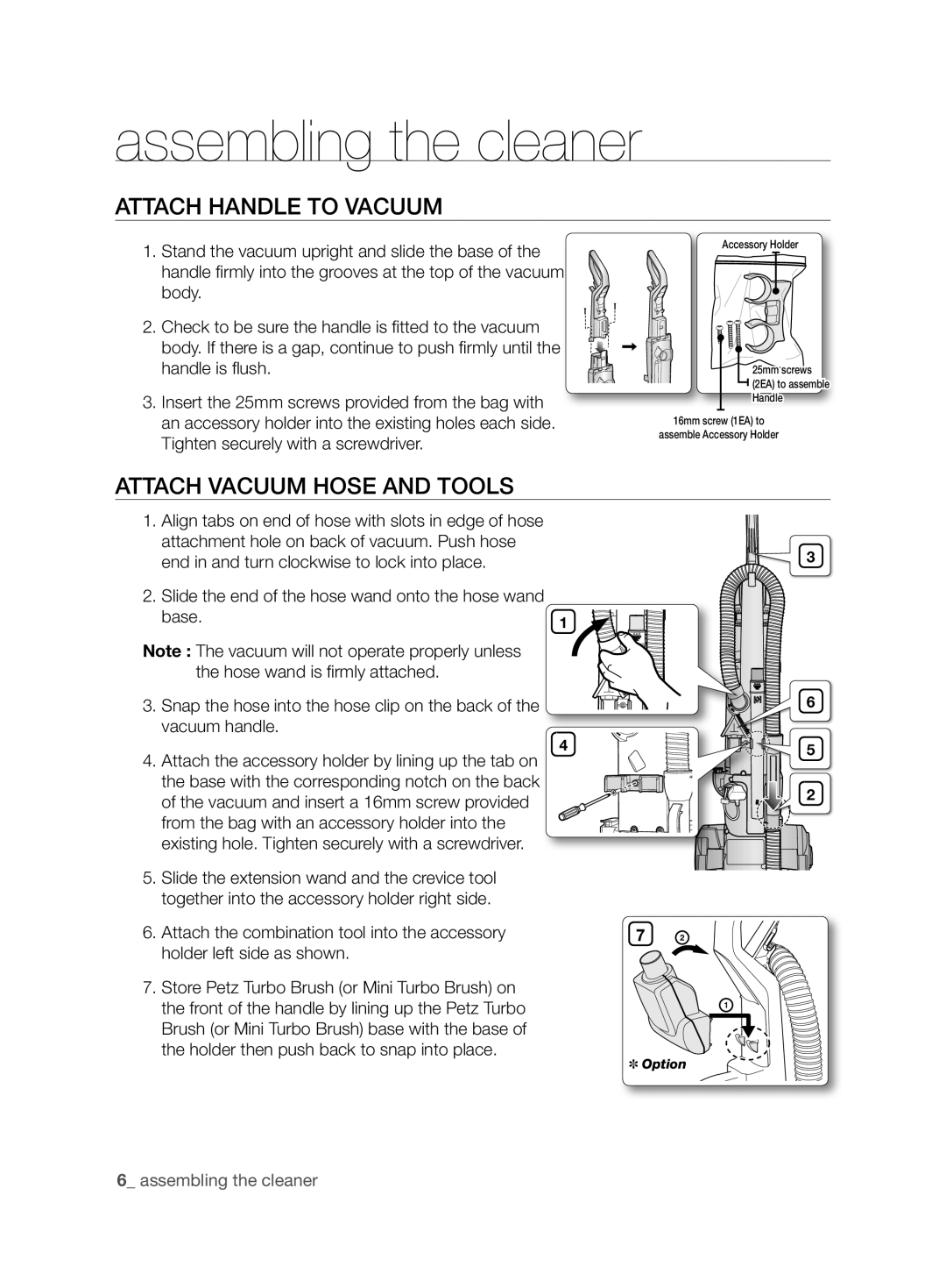 Samsung VCU6780S3A/XFA manual Attach Handle to Vacuum, Attach Vacuum Hose and Tools 