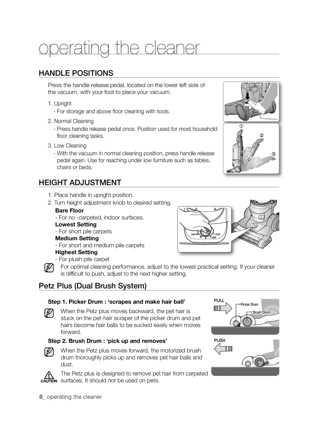 Samsung VCU6780S3A/XFA manual Handle Positions, Height Adjustment 