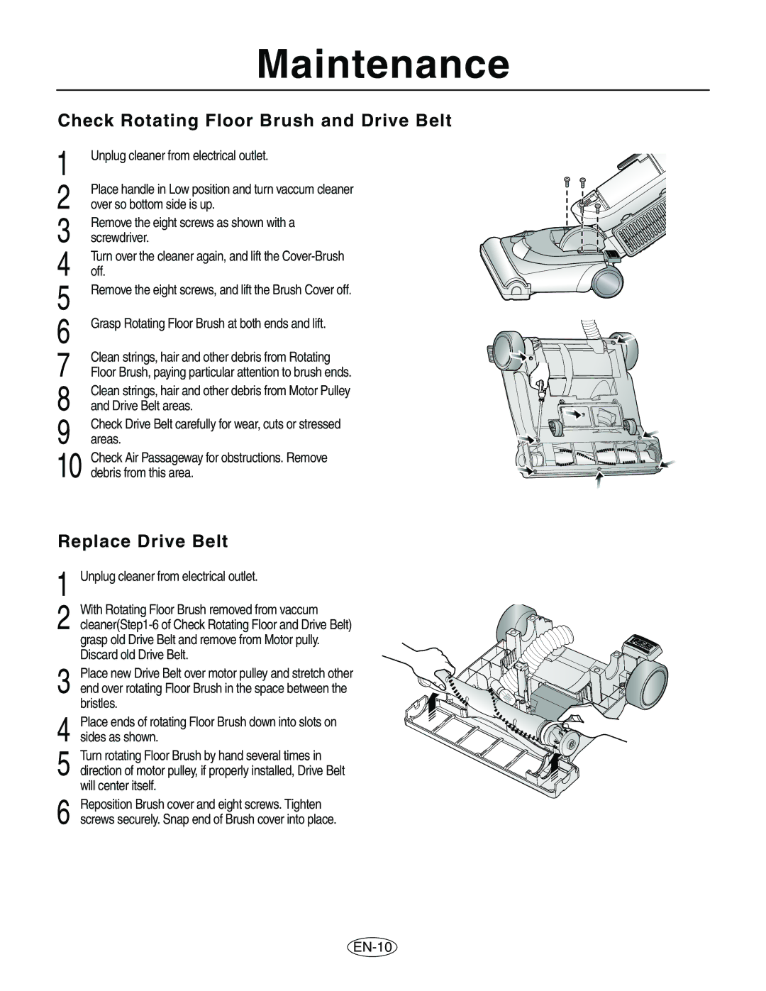 Samsung VCU8563S1R/XAC manual Check Rotating Floor Brush and Drive Belt, Replace Drive Belt, EN-10 