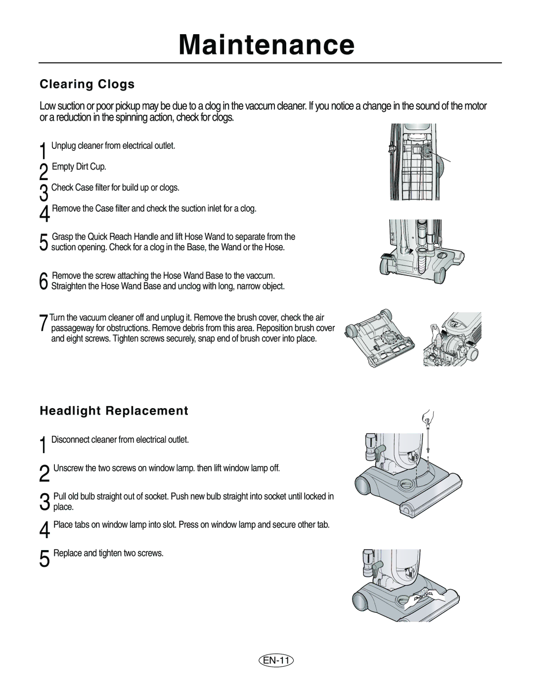 Samsung VCU8563S1R/XAC manual Clearing Clogs, Headlight Replacement 