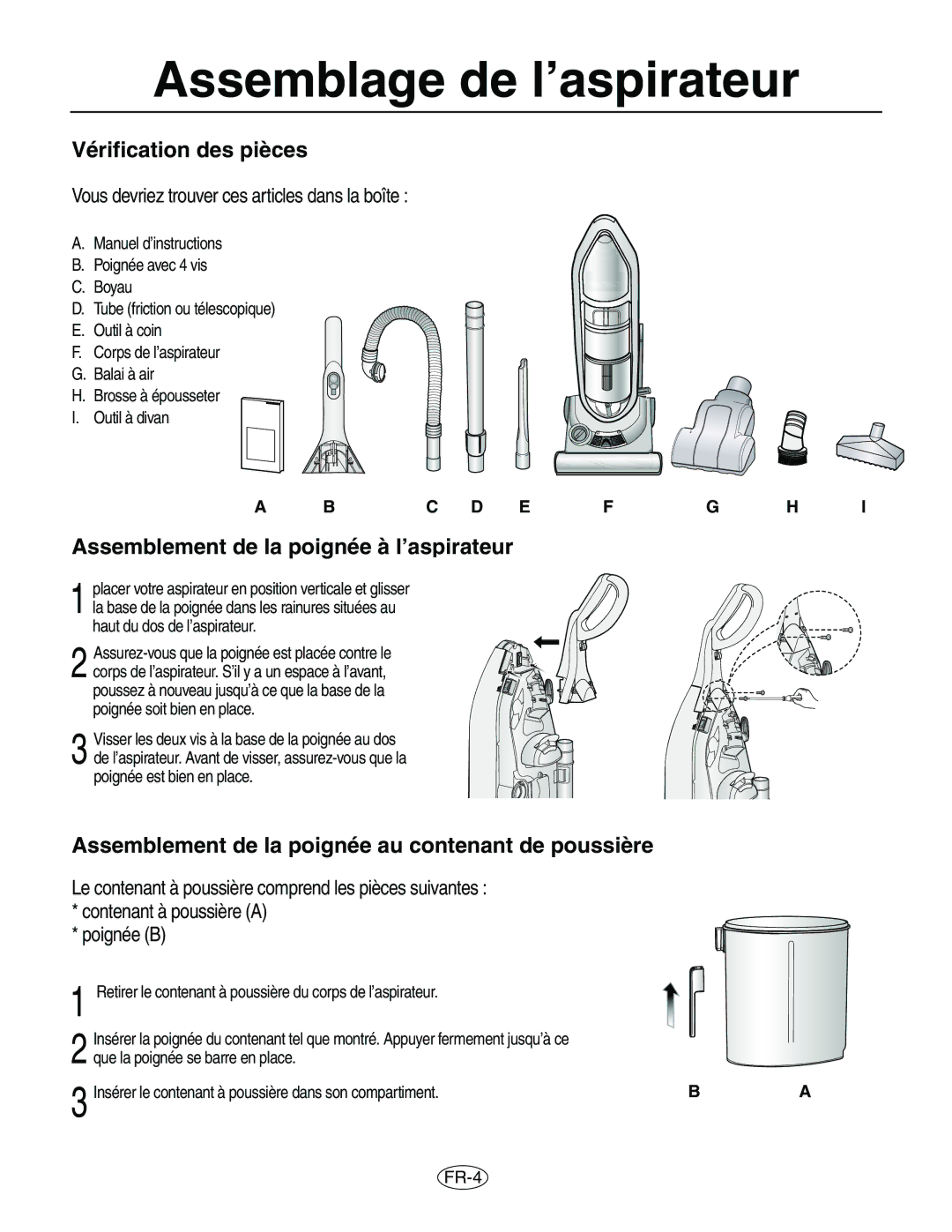 Samsung VCU8563S1R/XAC Assemblage de l’aspirateur, Vérification des pièces, Assemblement de la poignée à l’aspirateur 