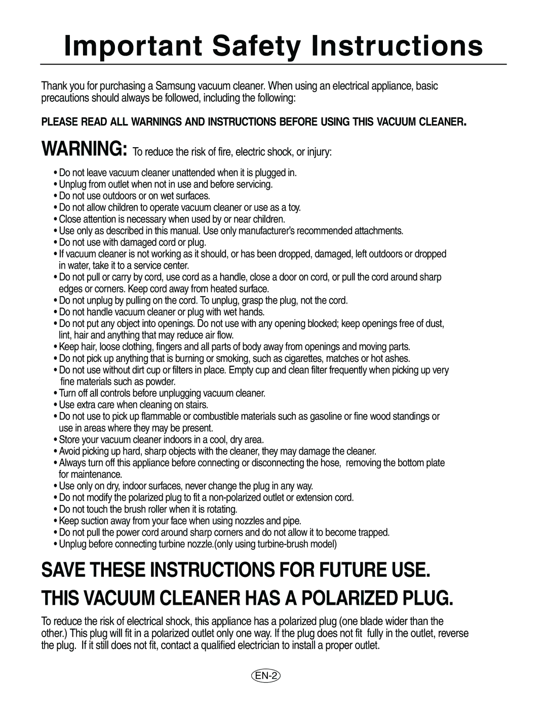 Samsung VCU8563S1R/XAC manual Important Safety Instructions 