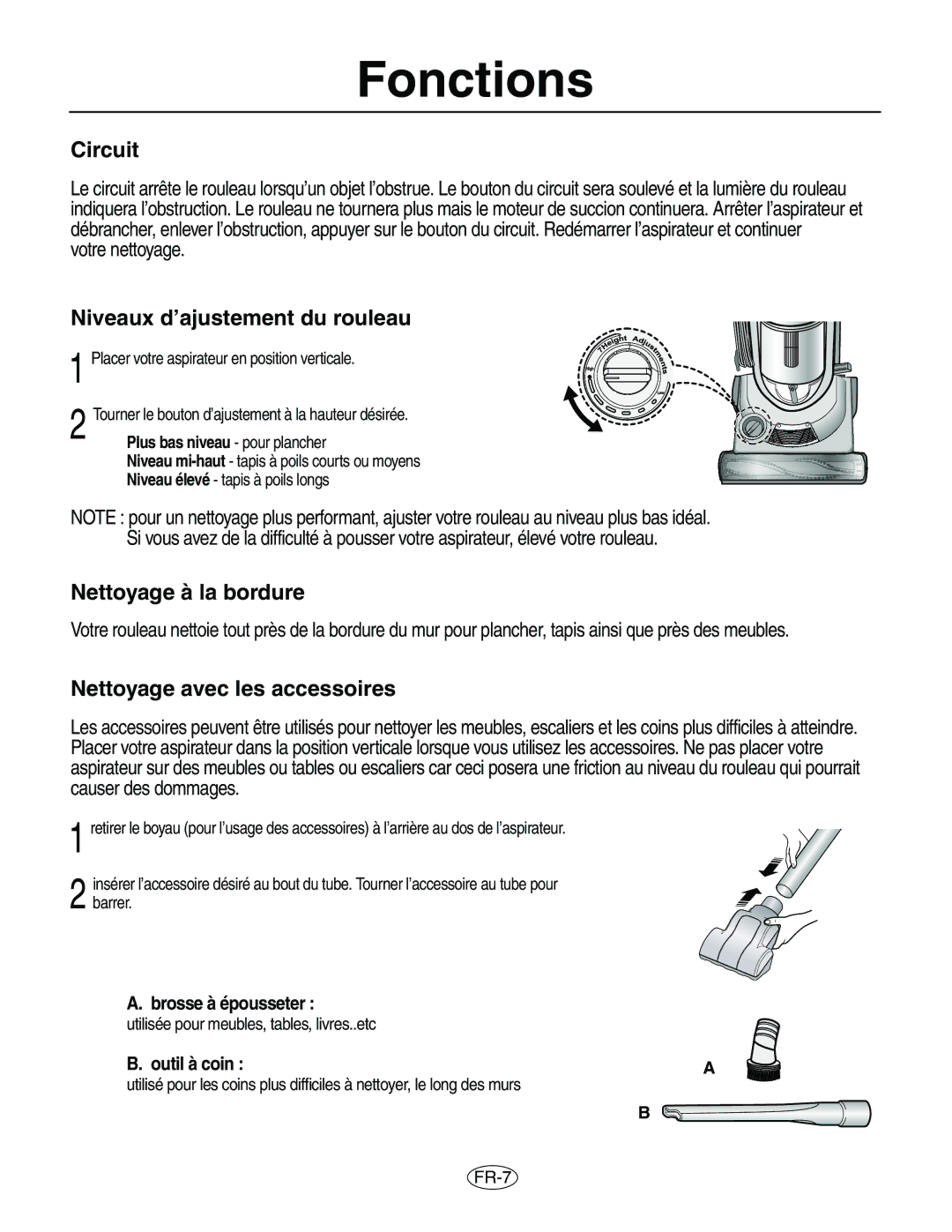 Samsung VCU8563S1R/XAC Circuit, Niveaux d’ajustement du rouleau, Nettoyage à la bordure, Nettoyage avec les accessoires 