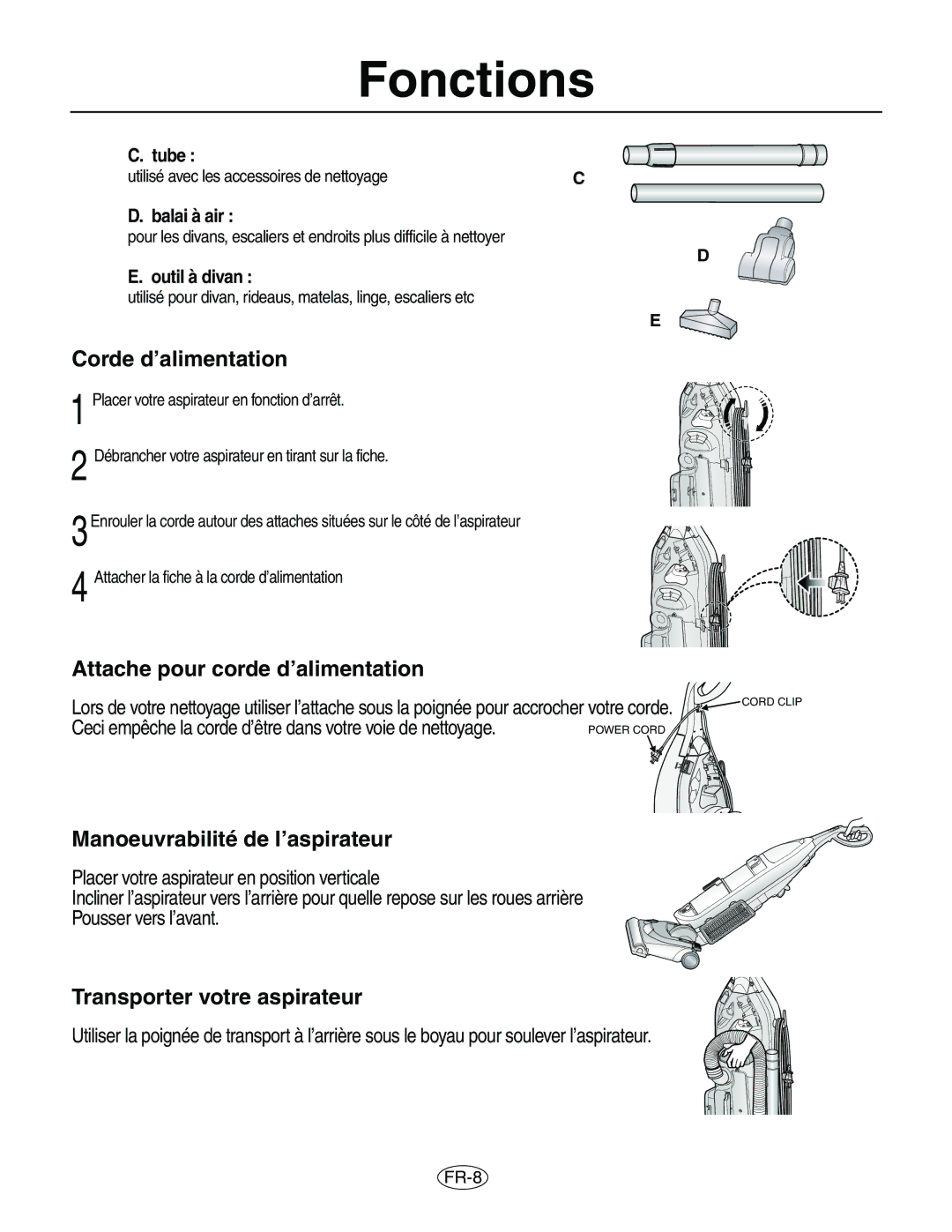 Samsung VCU8563S1R/XAC manual Corde d’alimentation, Attache pour corde d’alimentation, Manoeuvrabilité de l’aspirateur 