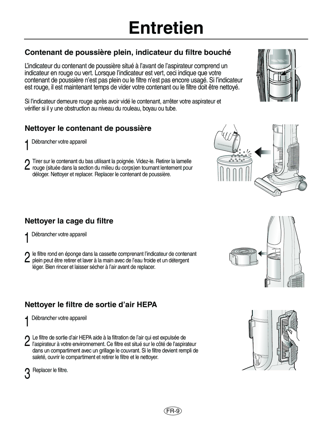 Samsung VCU8563S1R/XAC Entretien, Contenant de poussière plein, indicateur du filtre bouché, Nettoyer la cage du filtre 