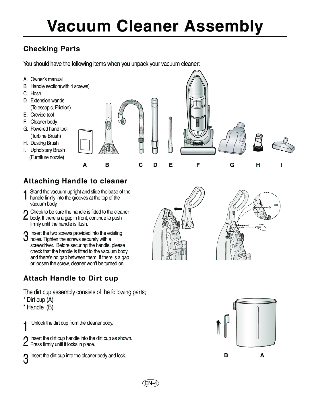 Samsung VCU8563S1R/XAC Vacuum Cleaner Assembly, Checking Parts, Attaching Handle to cleaner, Attach Handle to Dirt cup 