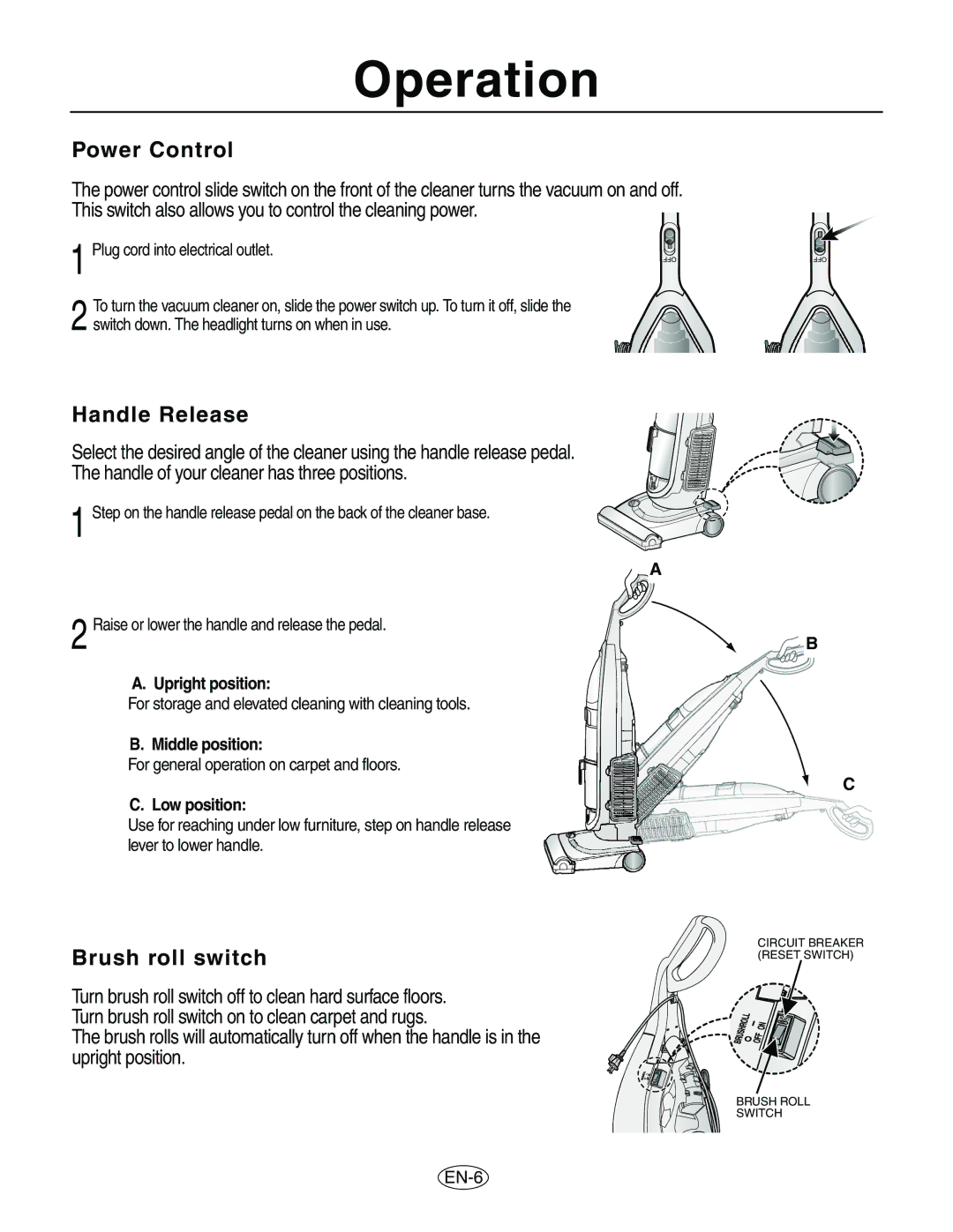 Samsung VCU8563S1R/XAC manual Operation, Power Control, Handle Release, Brush roll switch 