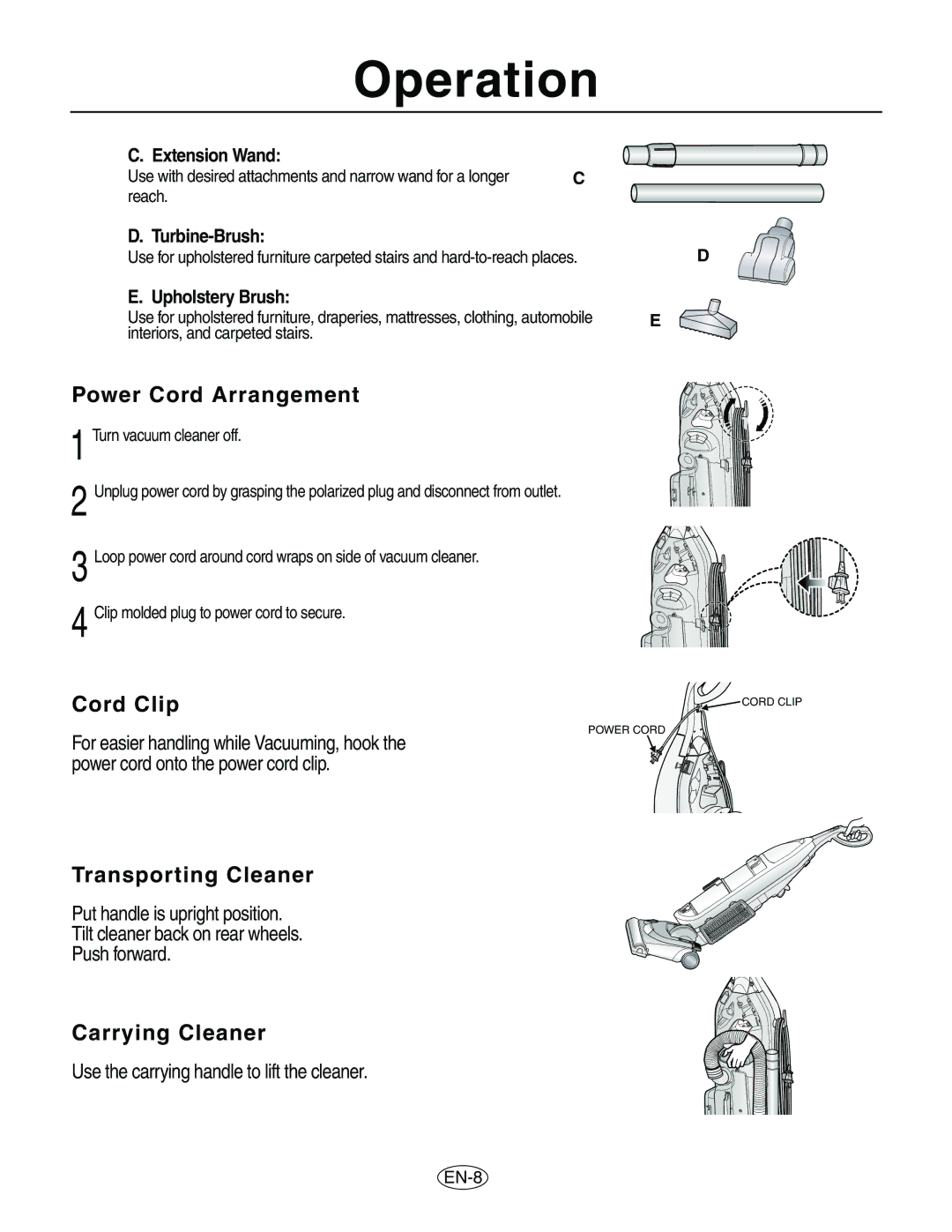 Samsung VCU8563S1R/XAC manual Power Cord Arrangement, Cord Clip, Transporting Cleaner, Carrying Cleaner 