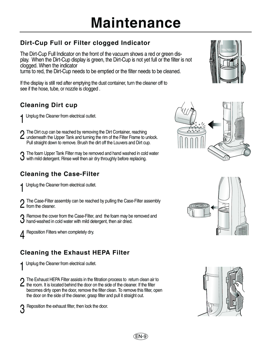 Samsung VCU8563S1R/XAC Maintenance, Dirt-Cup Full or Filter clogged Indicator, Cleaning Dirt cup, Cleaning the Case-Filter 