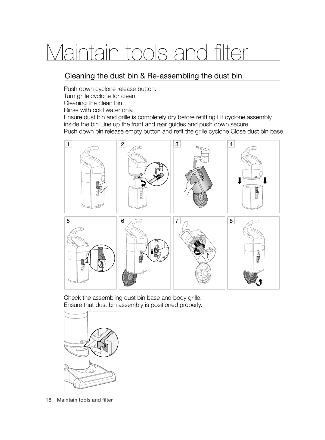 Samsung VCU9380V4K/XEU, VCU9380V3K/PIC, VCU9380V3K/SML manual Cleaning the dust bin & Re-assembling the dust bin 