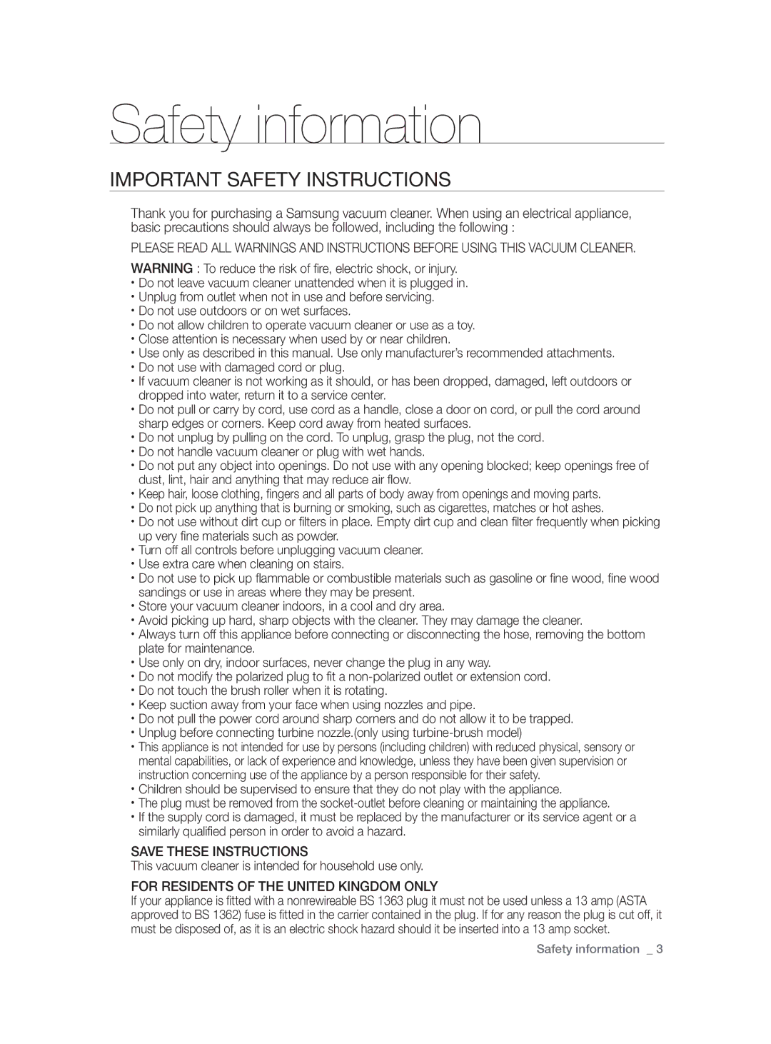 Samsung VCU9380V4K/XEU, VCU9380V3K/PIC manual IMpORTANT Safety INSTRucTIONS, For Residents of the United Kingdom only 