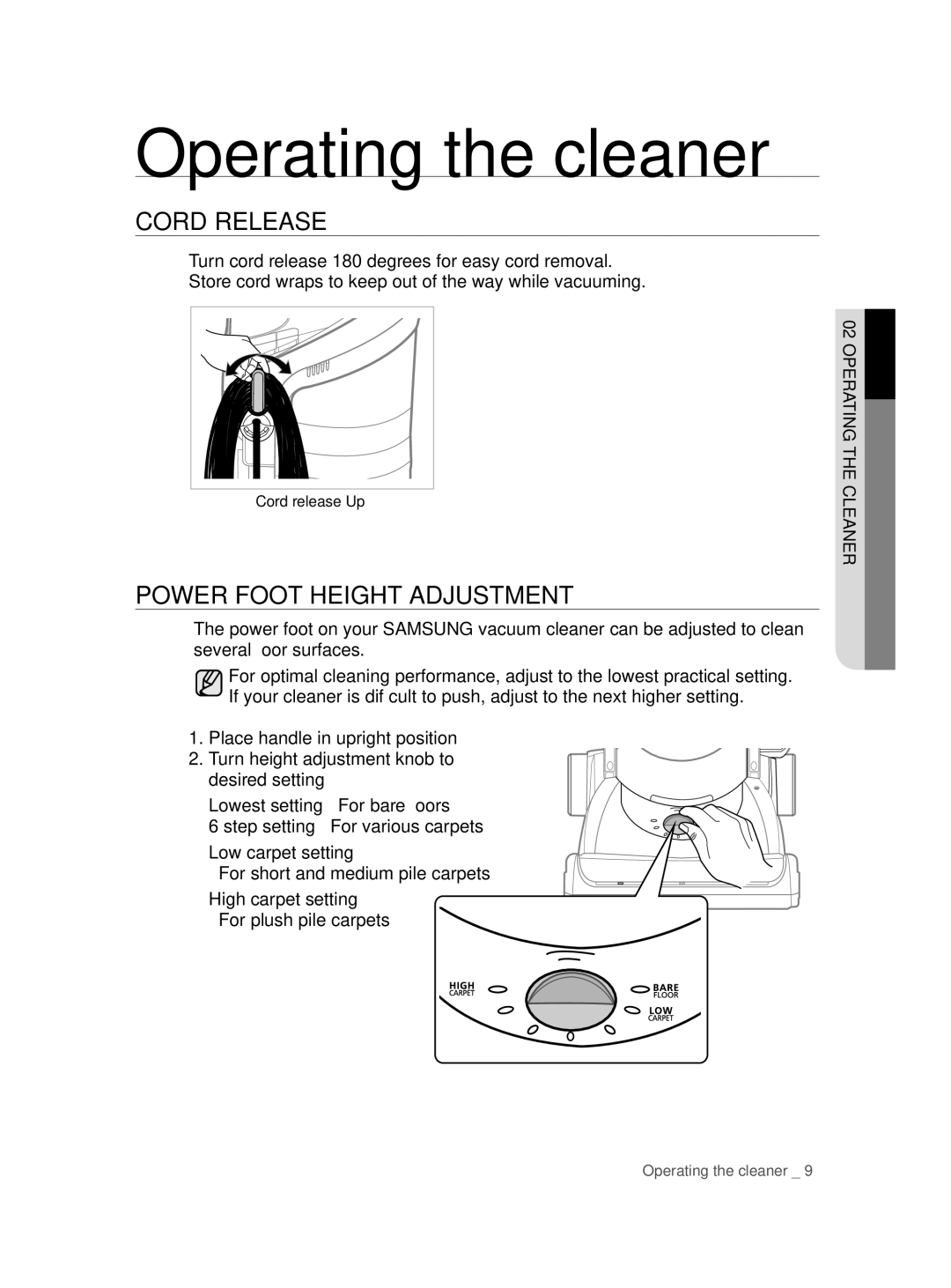 Samsung VCU9380V4K/XEU manual Operating the cleaner, CORd RElEASE, POwER Foot hEIghT AdjuSTMENT, ClEANERh Tg OpERATIN 