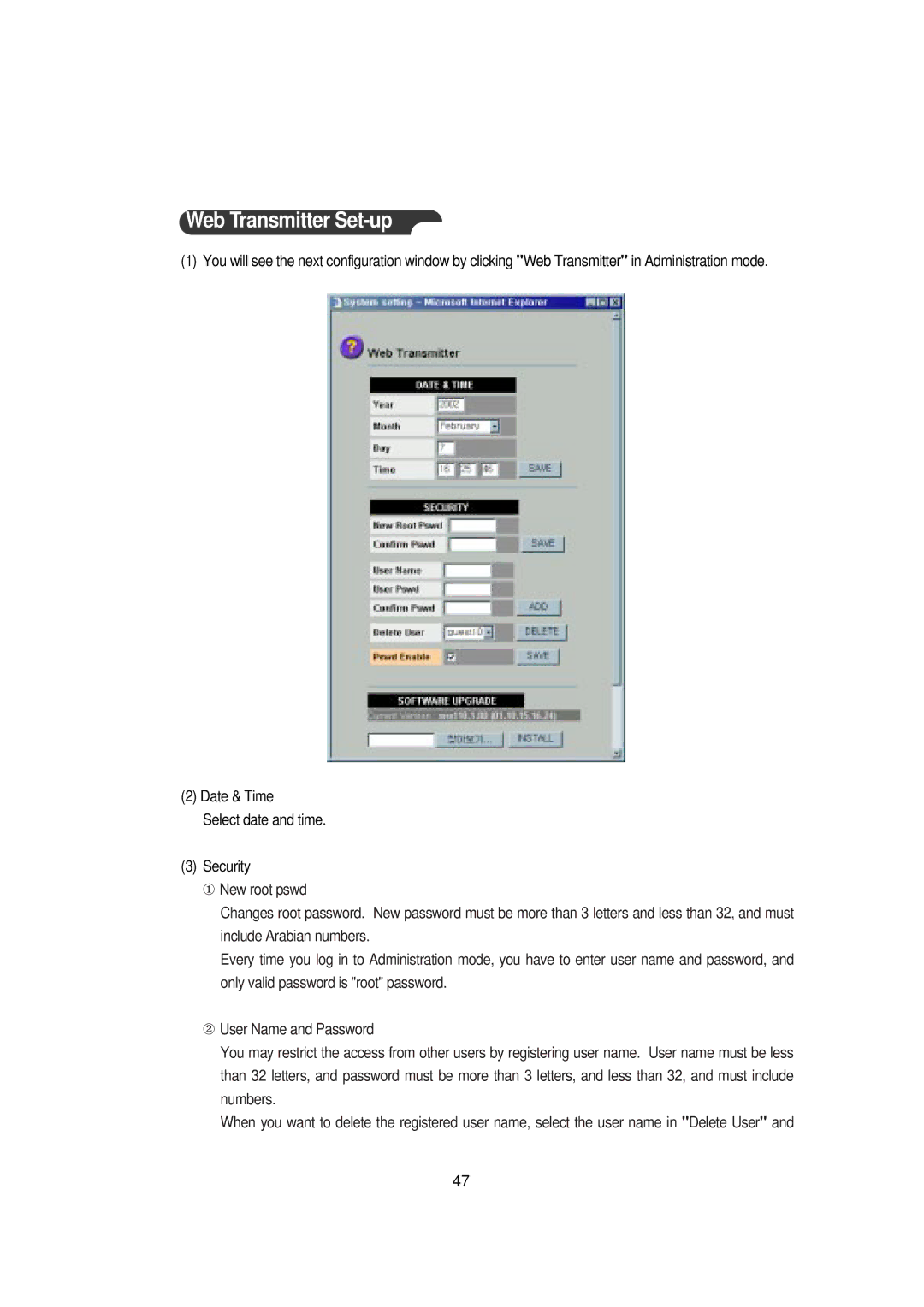 Samsung Version 1.1 owner manual Web Transmitter Set-up 