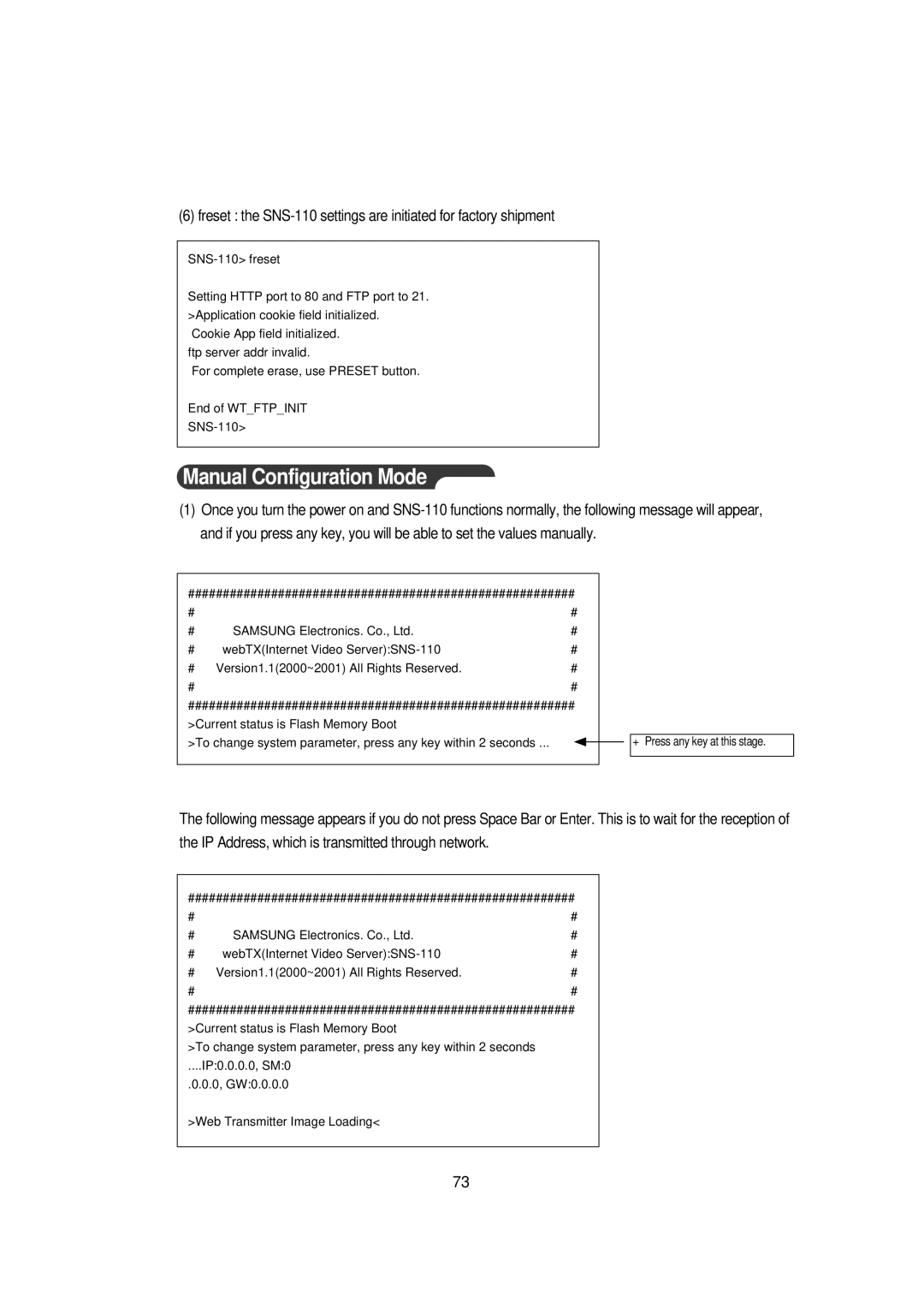 Samsung Version 1.1 owner manual Manual Configuration Mode 