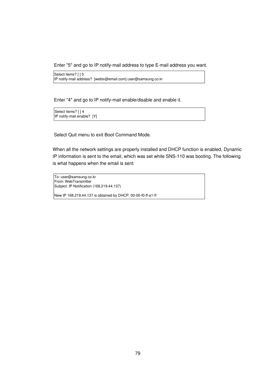 Samsung Version 1.1 owner manual Select items? IP notify-mail enable? Y 