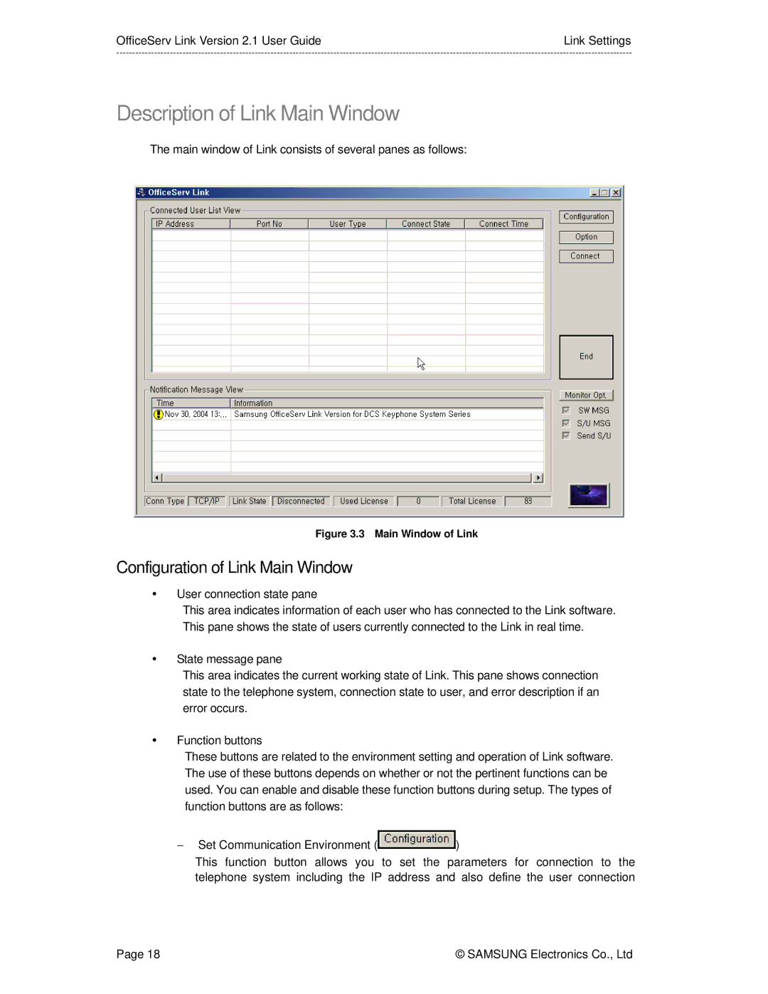 Samsung Version 2.1 manual Description of Link Main Window, Configuration of Link Main Window 