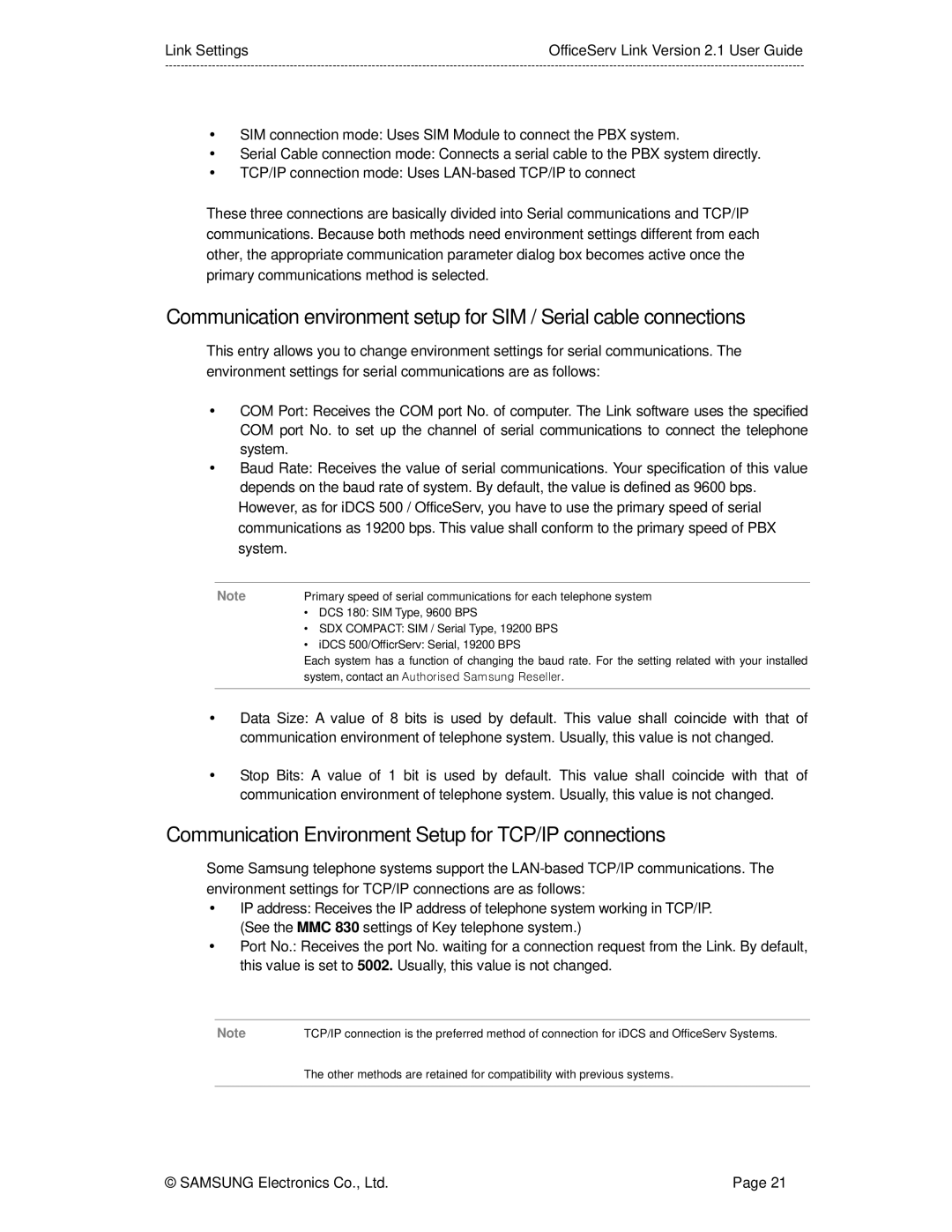 Samsung Version 2.1 manual Communication Environment Setup for TCP/IP connections, IDCS 500/OfficrServ Serial, 19200 BPS 