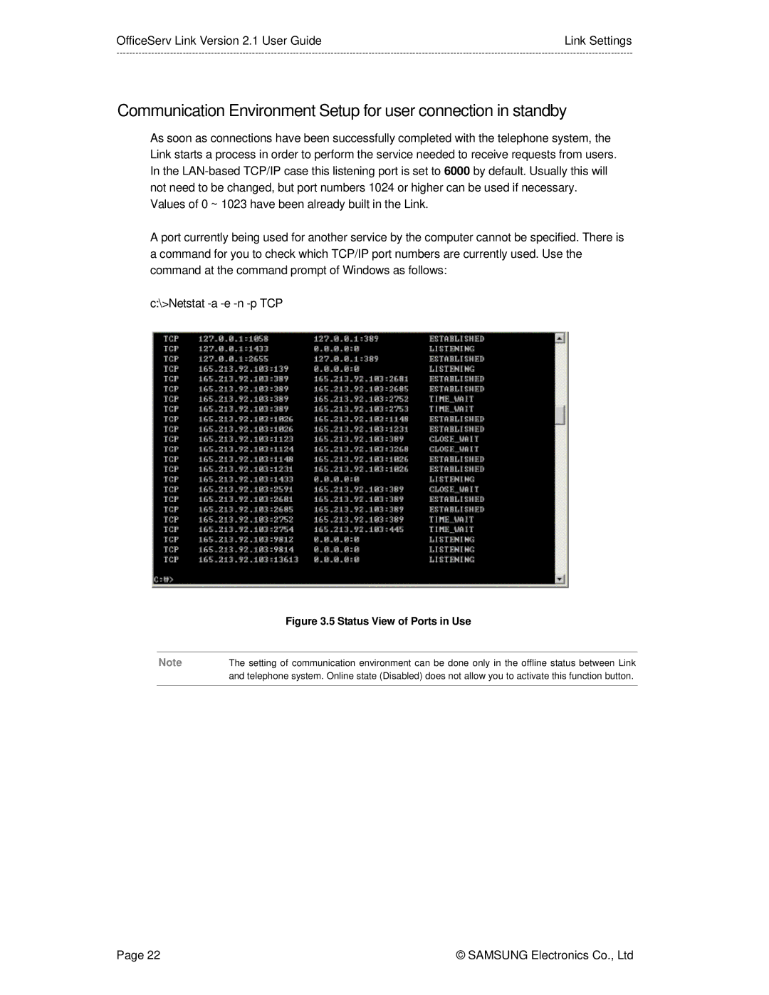 Samsung Version 2.1 manual Status View of Ports in Use 