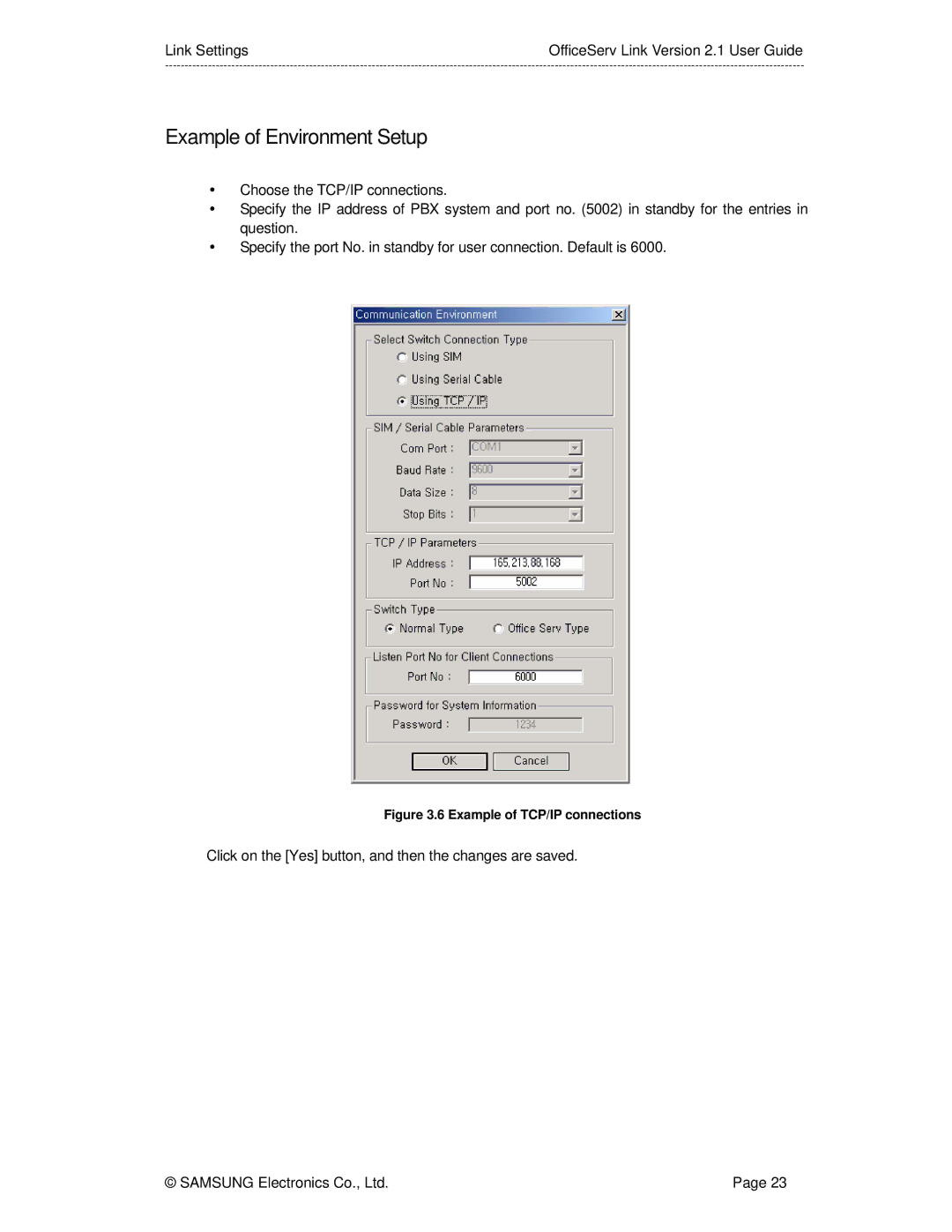 Samsung Version 2.1 manual Example of Environment Setup, Example of TCP/IP connections 