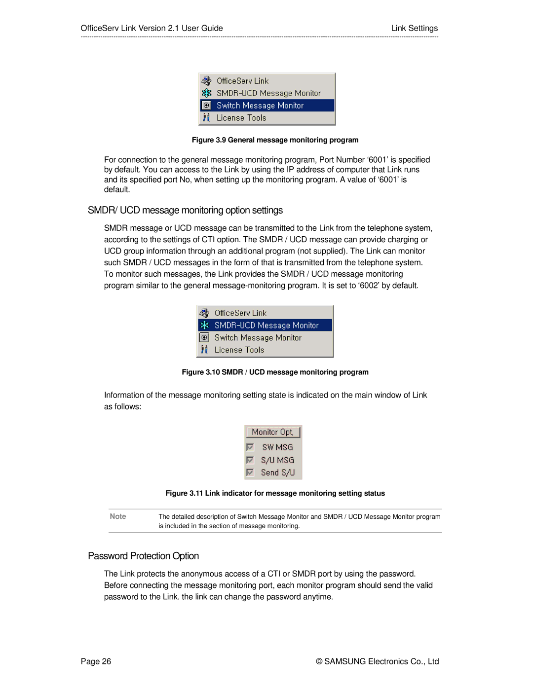 Samsung Version 2.1 manual SMDR/ UCD message monitoring option settings, Password Protection Option 