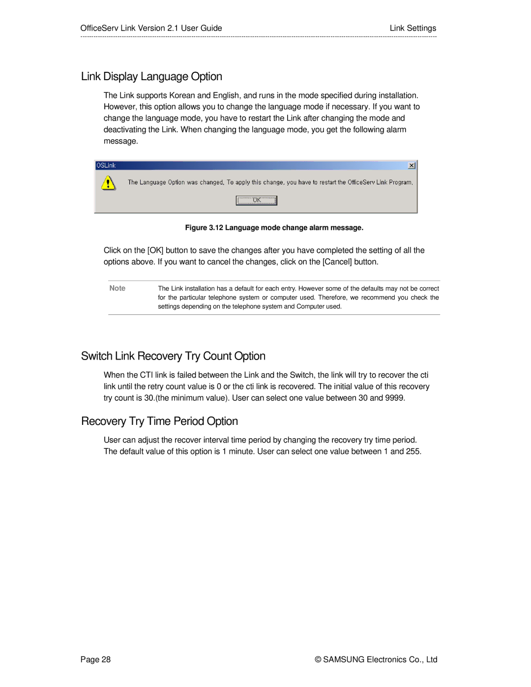Samsung Version 2.1 Link Display Language Option, Switch Link Recovery Try Count Option, Recovery Try Time Period Option 