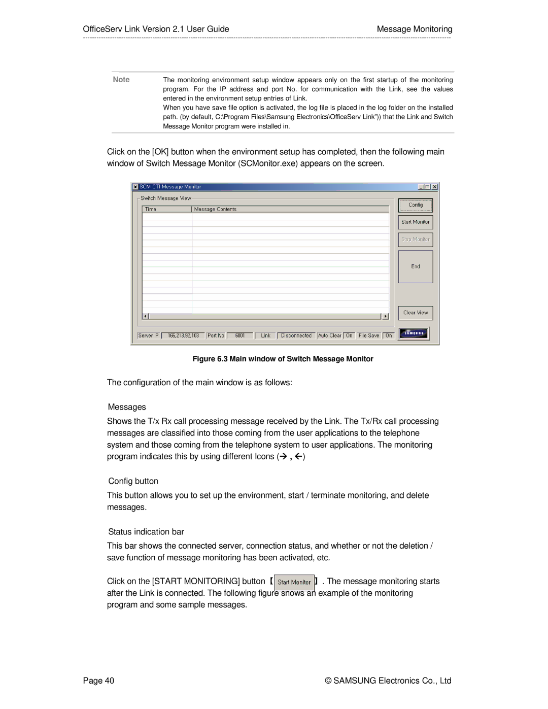 Samsung Version 2.1 manual Main window of Switch Message Monitor 